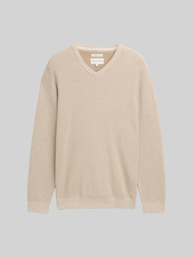 Knitted jumper with V-neck made from organic cotton by Men, beige offwhite twotone