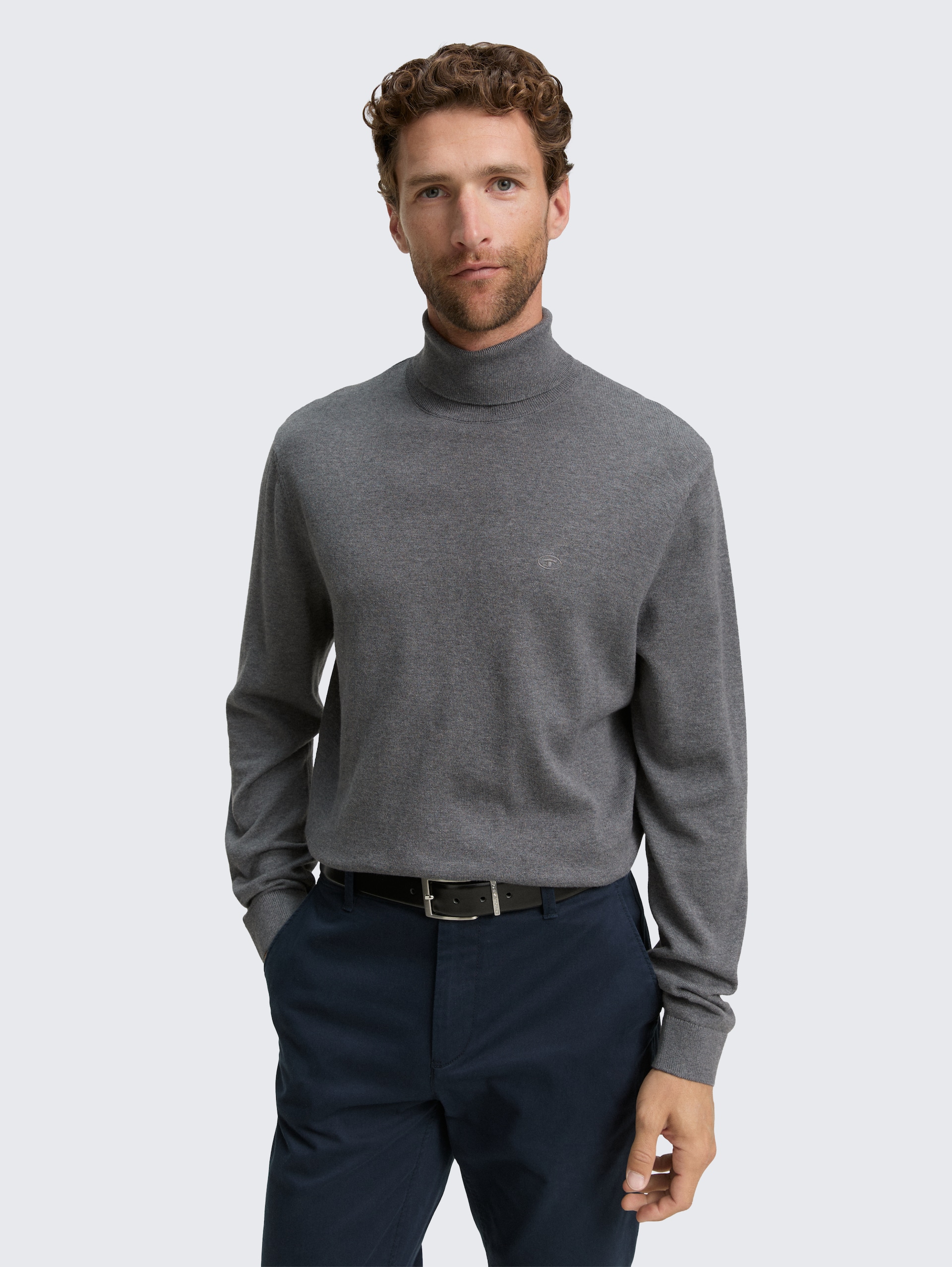 Rollkragenpullover aus Baumwolle - classic dark grey melange - Ausschnitt Model-Vorderansicht