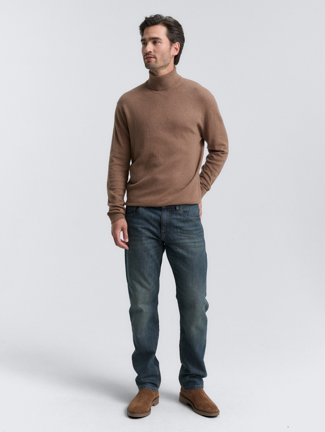 Rollkragenpullover mit Kaschmir-Anteil - dark taupe melange - Model-Vorderansicht