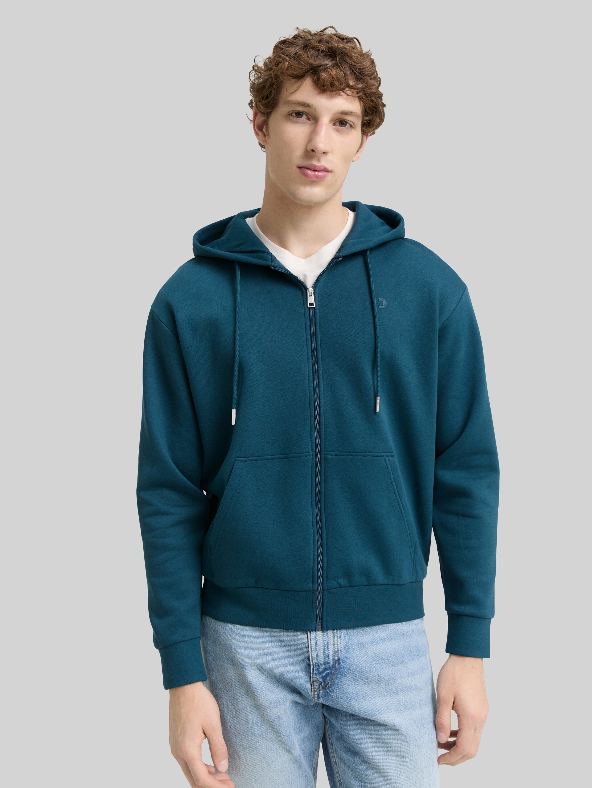 Hoodie-sweatjack met logoprint - deep pond green - Nek model vooraanzicht