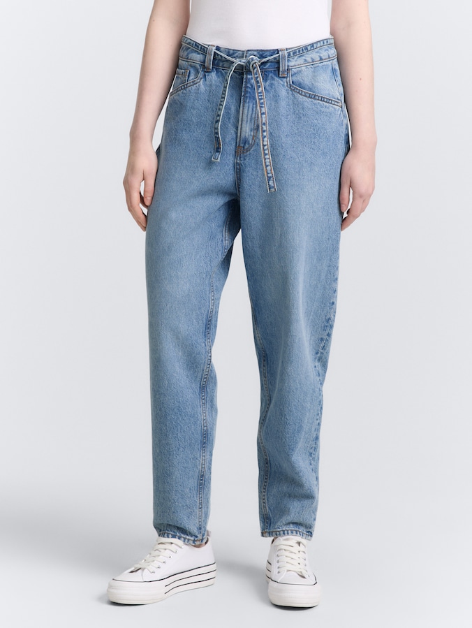 TTADEA BARREL Jeans with belt by Denim Female, Used Mid Stone Blue Denim