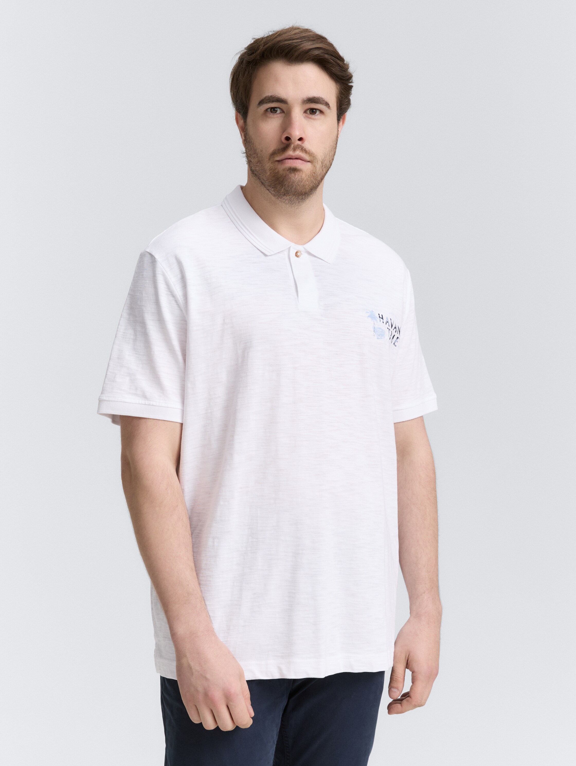 Plus Size - Poloshirt aus Baumwolle mit Print - white - 