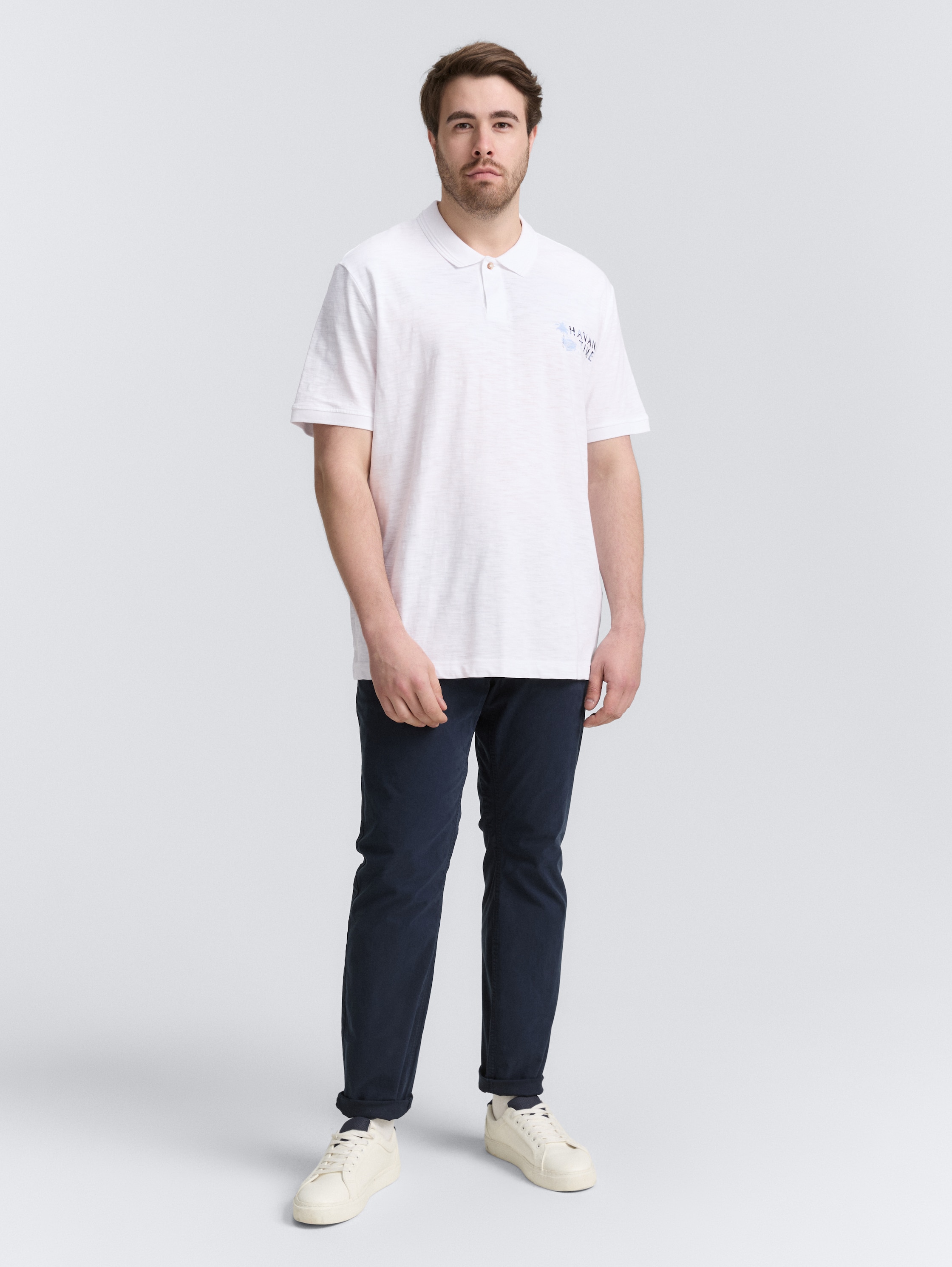 Plus Size - Poloshirt aus Baumwolle mit Print - white - 