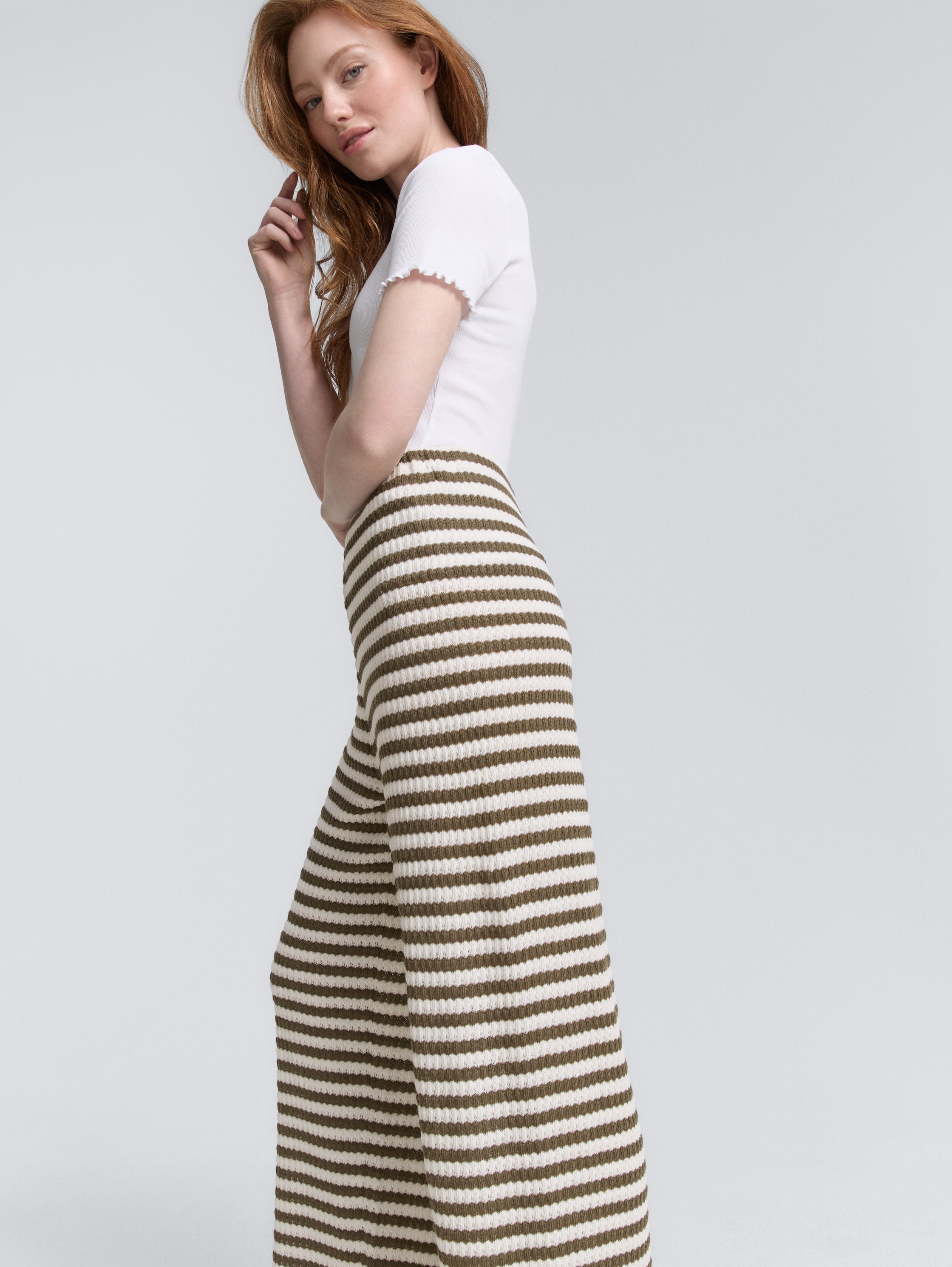 Wide leg knitted trousers - olive_white_stripe -
