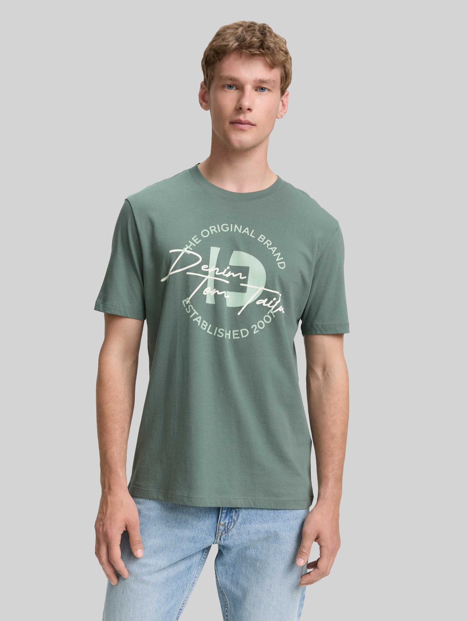 T-shirt met print in een set van 3 - washed jasper green - Nek model vooraanzicht