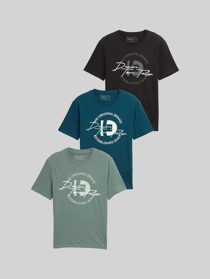 T-Shirt mit Print im 3er-Pack von Denim Male, washed jasper green