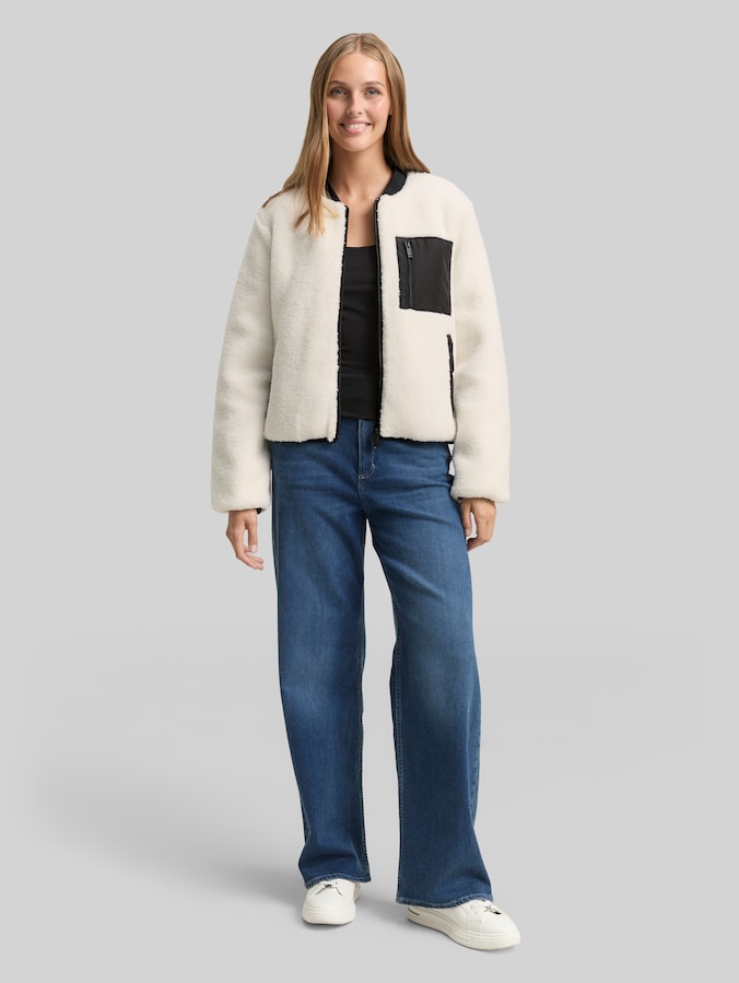 Veste teddy avec col bomber par Denim Female, light cream beige