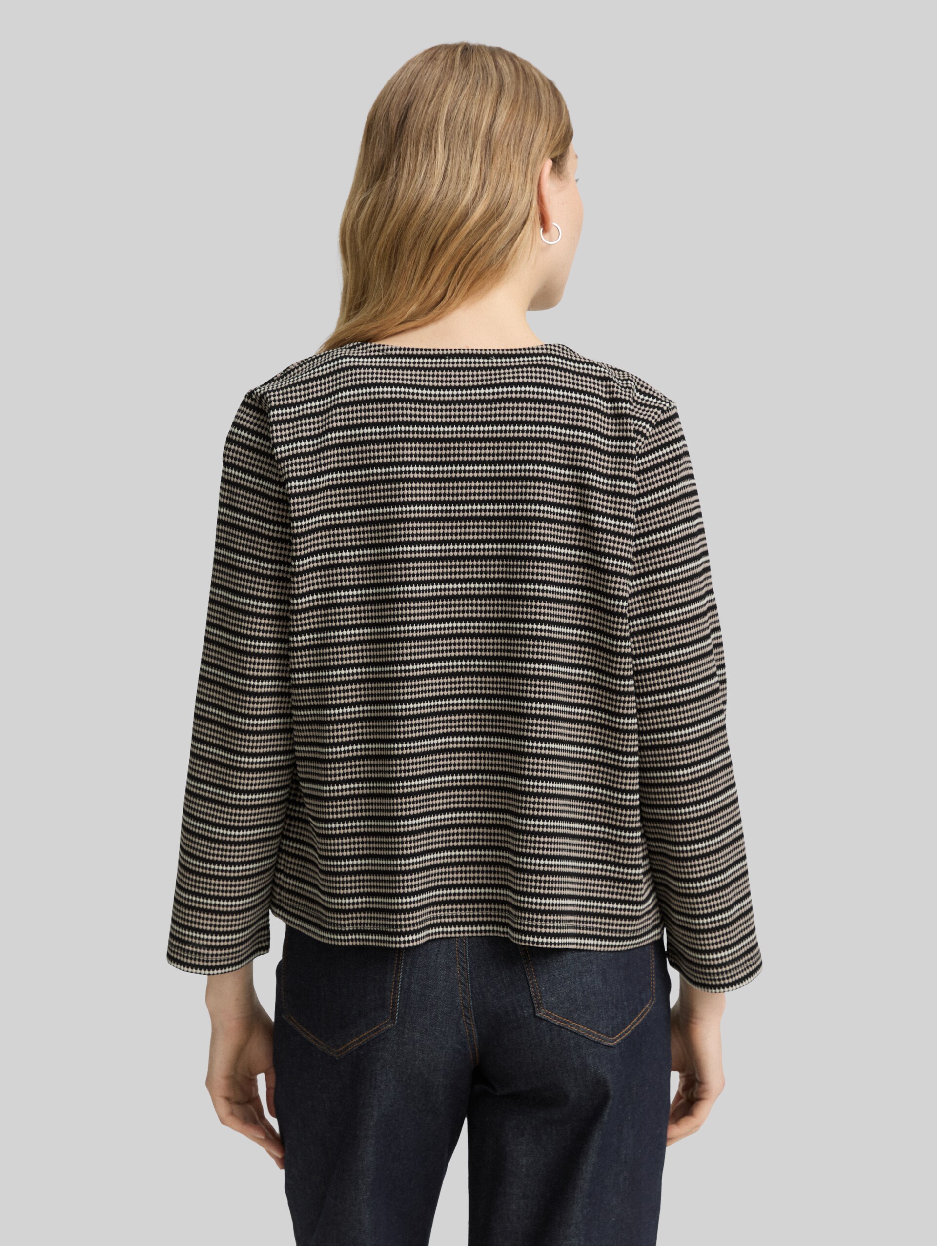 Boxy fit jacquard cardigan - black knit structure stripe - Neckline model-back view