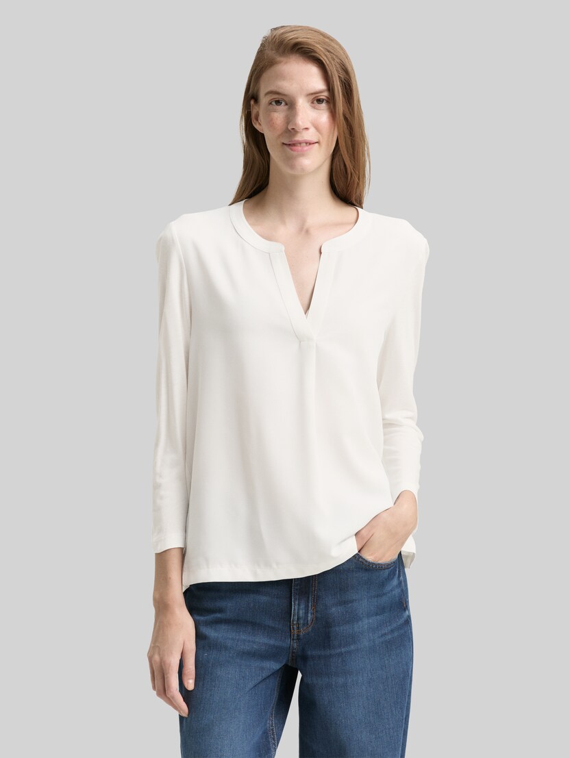 Henley Langarmshirt im Material-Mix von Women, Whisper White