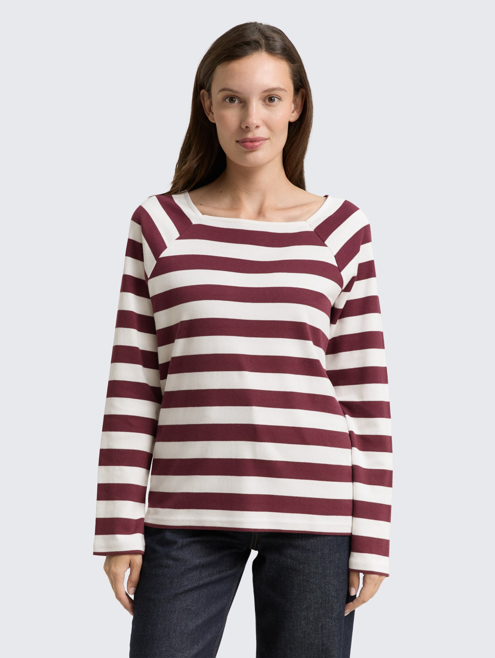 Langarmshirt mit Streifenmuster - bordeaux offwhite stripe - Ausschnitt Model-Vorderansicht