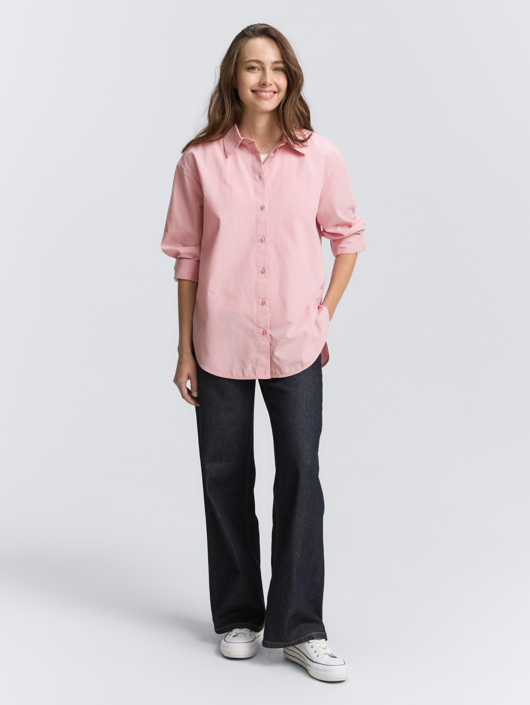 Losvallende popeline overhemdblouse - morning_pink - 