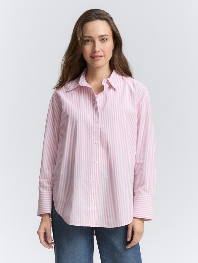 Loose Fit Popeline Hemdbluse von Women, mid pink white small stripe