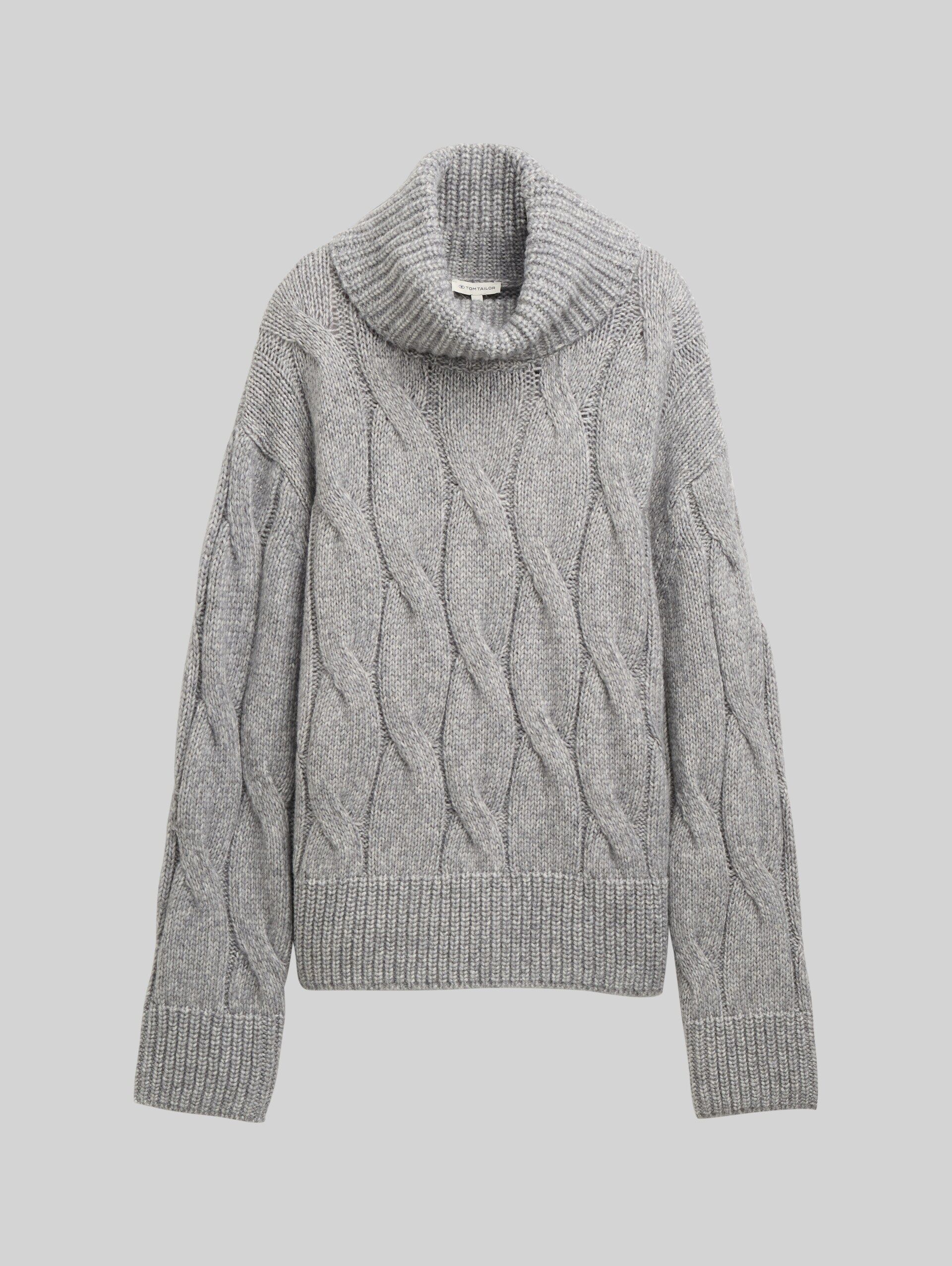 Rollkragenpullover mit Zopfmuster - medium silver grey melange