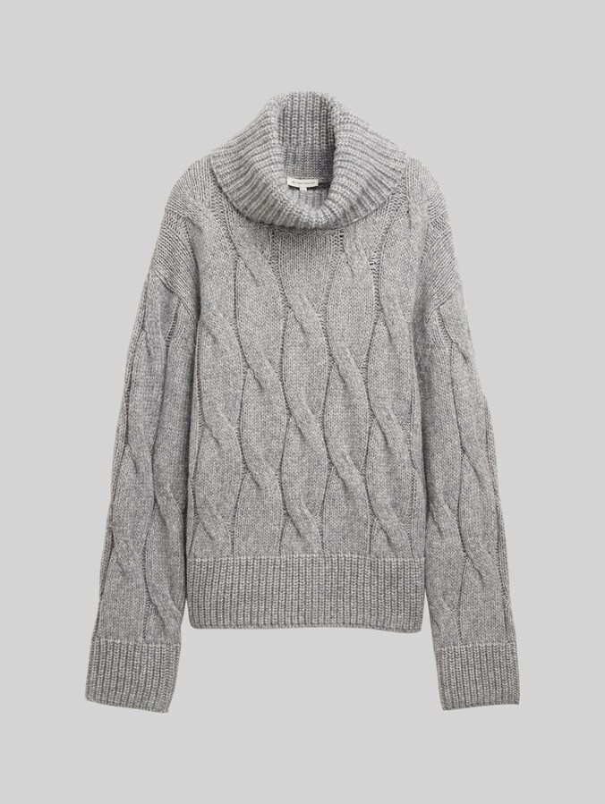 Rollkragenpullover mit Zopfmuster von Women, medium silver grey melange