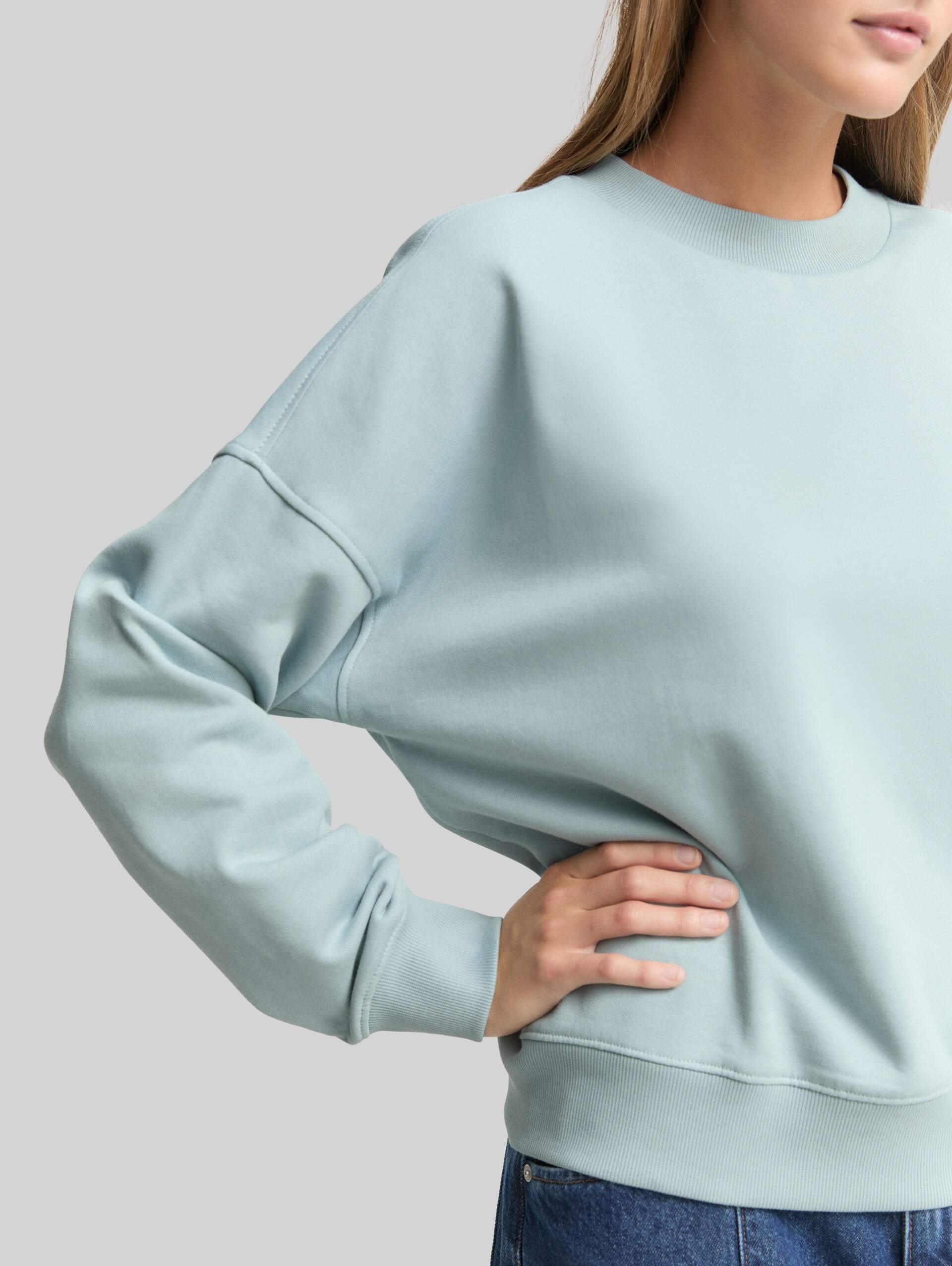 Loose Fit Sweatshirt - Silver Cloud Blue - Detail-Model-Ansicht
