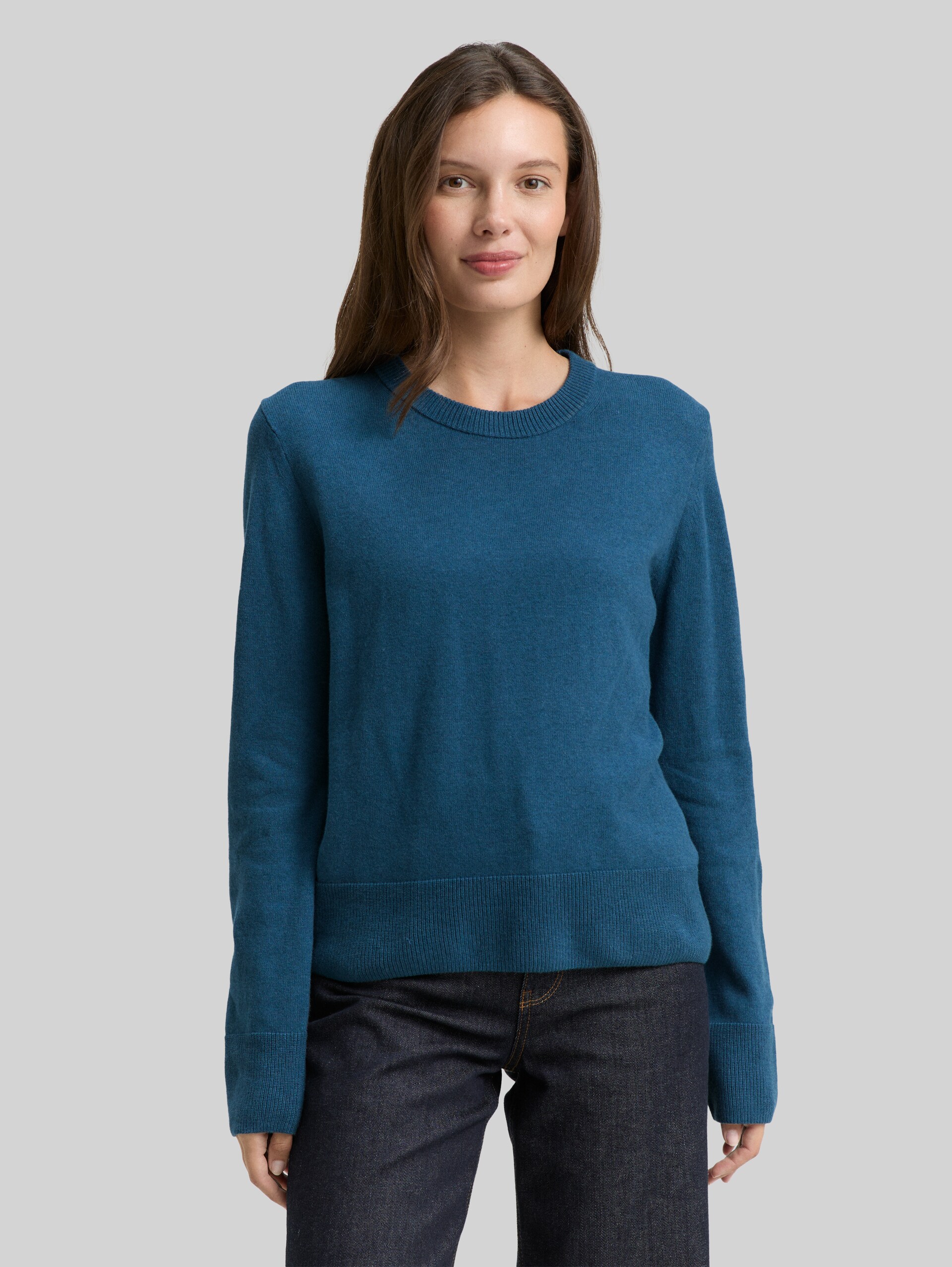 Strickpullover mit Kaschmir-Anteil - dark petrol melange - Ausschnitt Model-Vorderansicht
