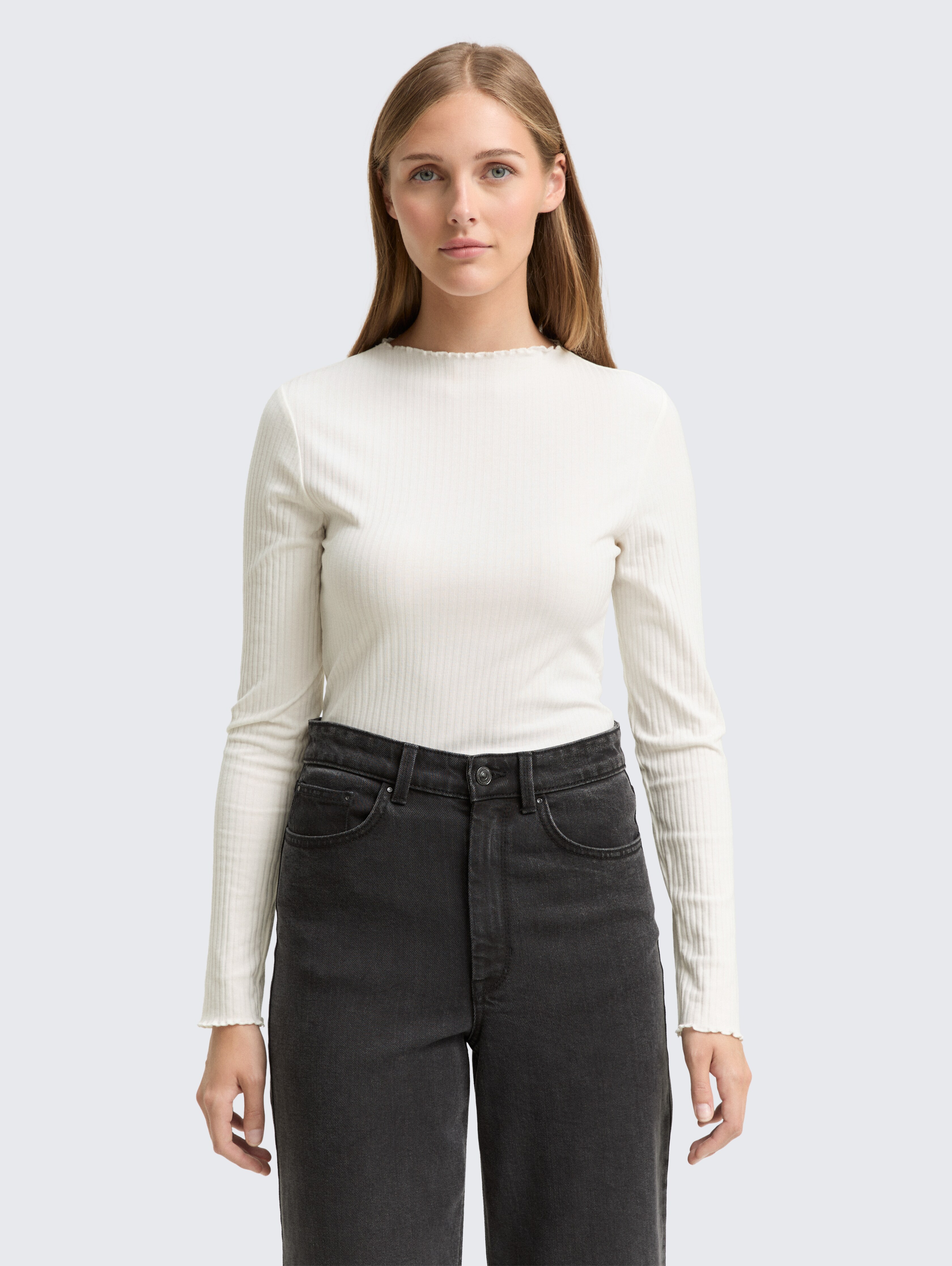 Ripp Langarmshirt mit Stehkragen von Denim Female, off white