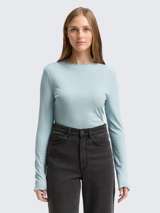 Geribd shirt met lange mouwen en opstaande kraag door Denim Female, Silver Cloud Blue