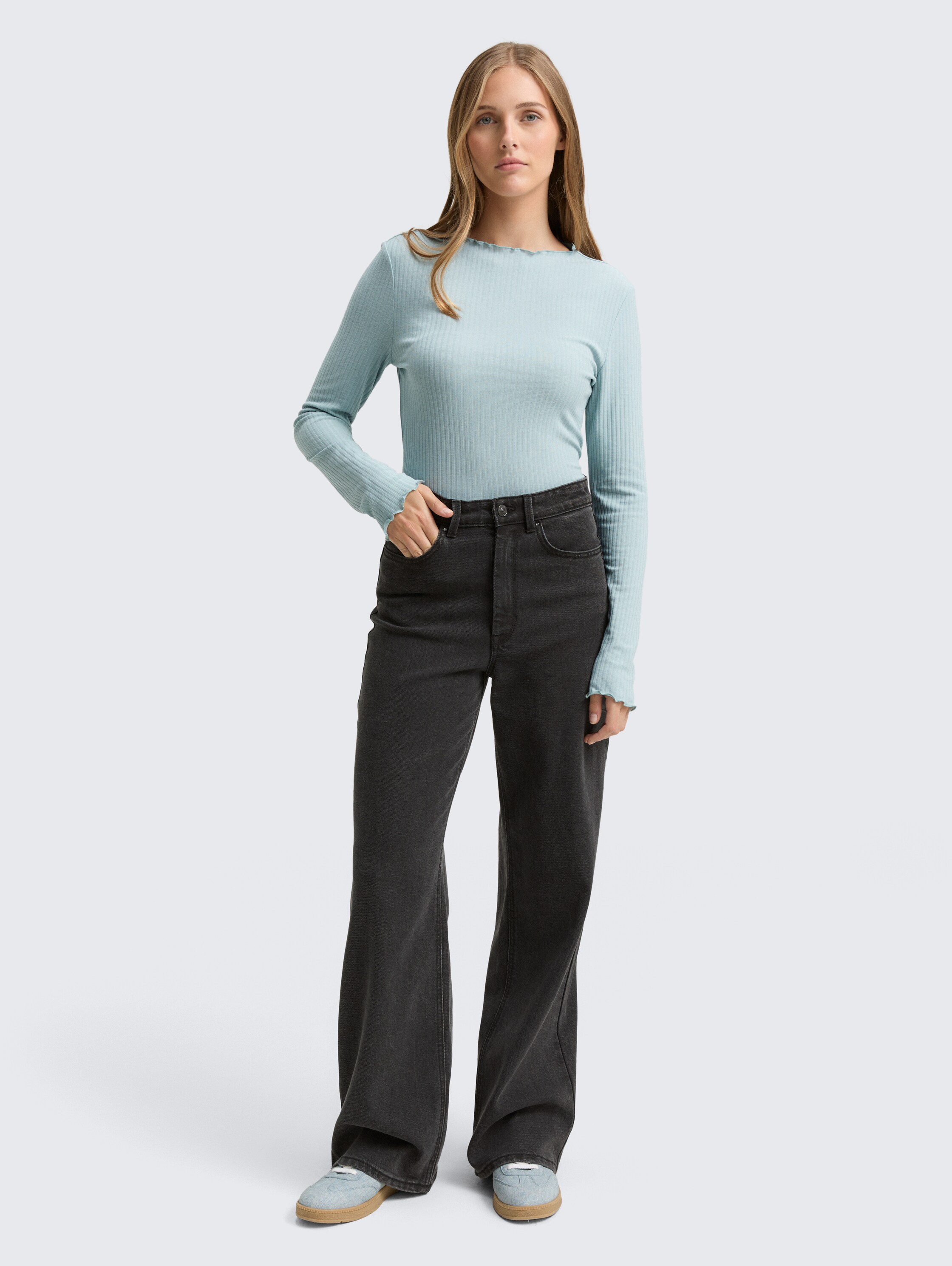 Ripp Langarmshirt mit Stehkragen - silver_cloud_blue - 