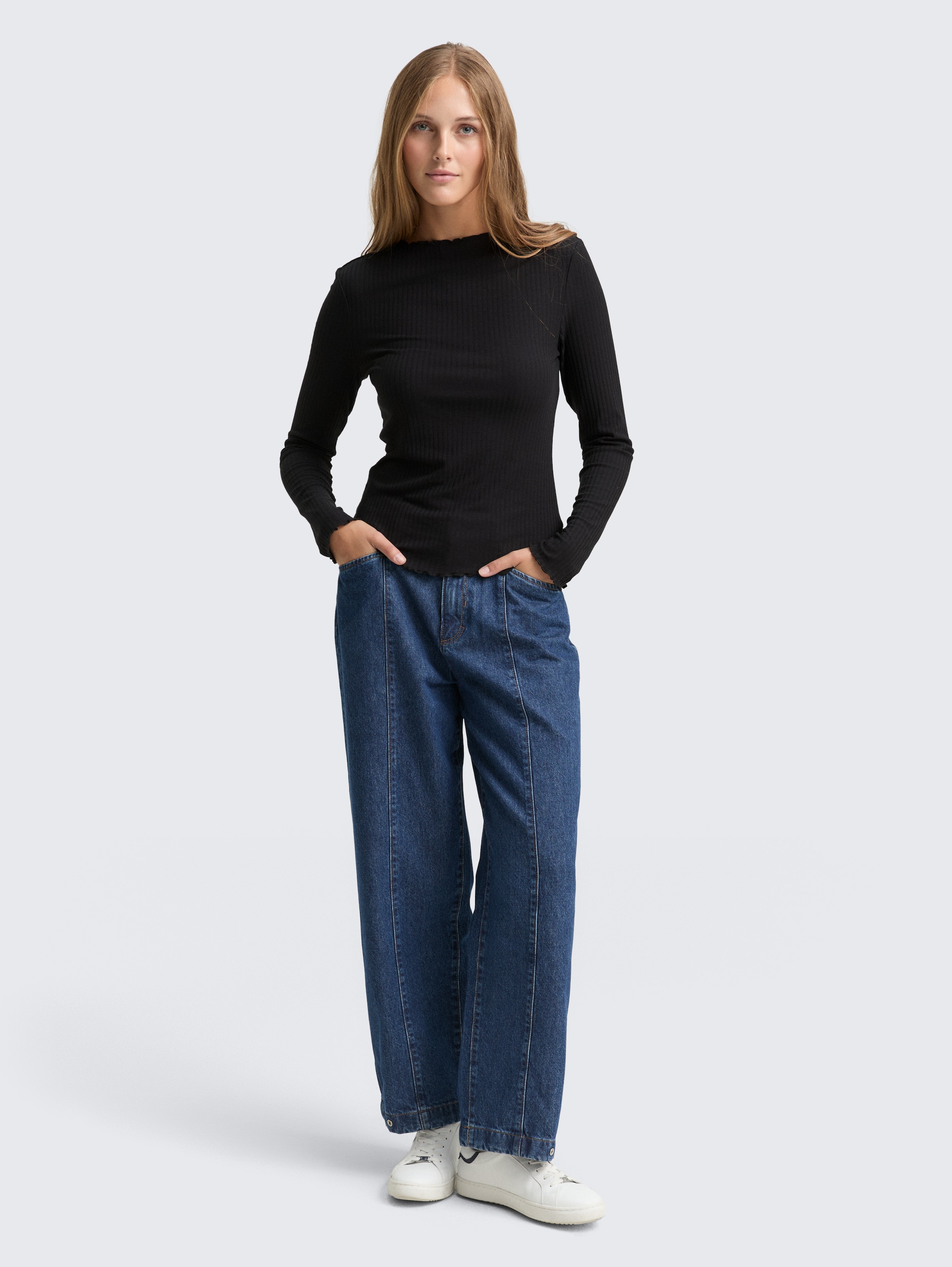 Geribd shirt met lange mouwen en opstaande kraag - deep_black_1 -