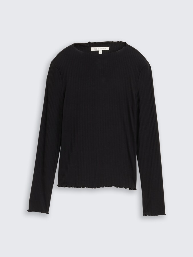 Ripp Langarmshirt mit Stehkragen von Denim Female, deep black