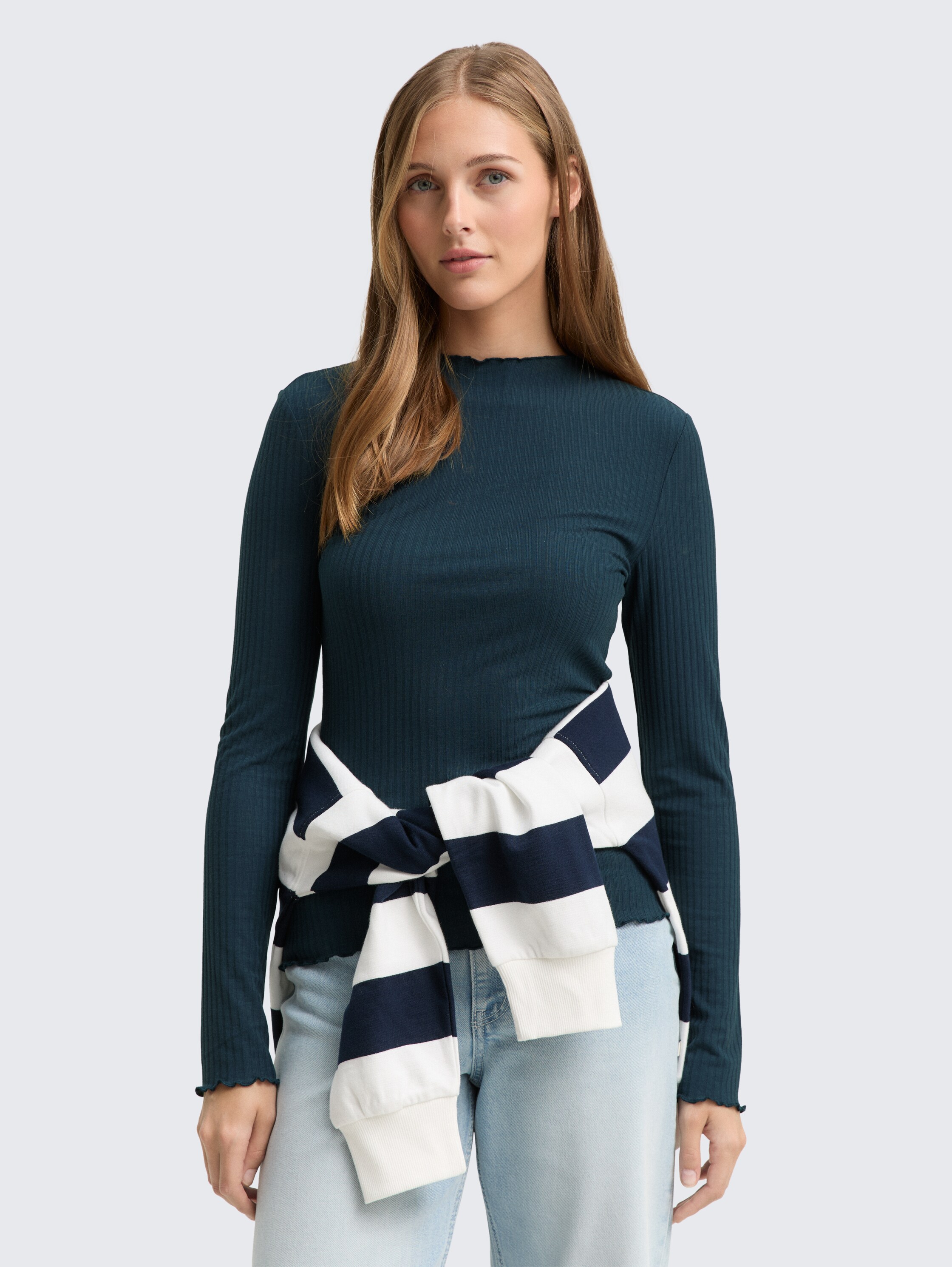 Ripp Langarmshirt mit Stehkragen - dark_sea_petrol - 