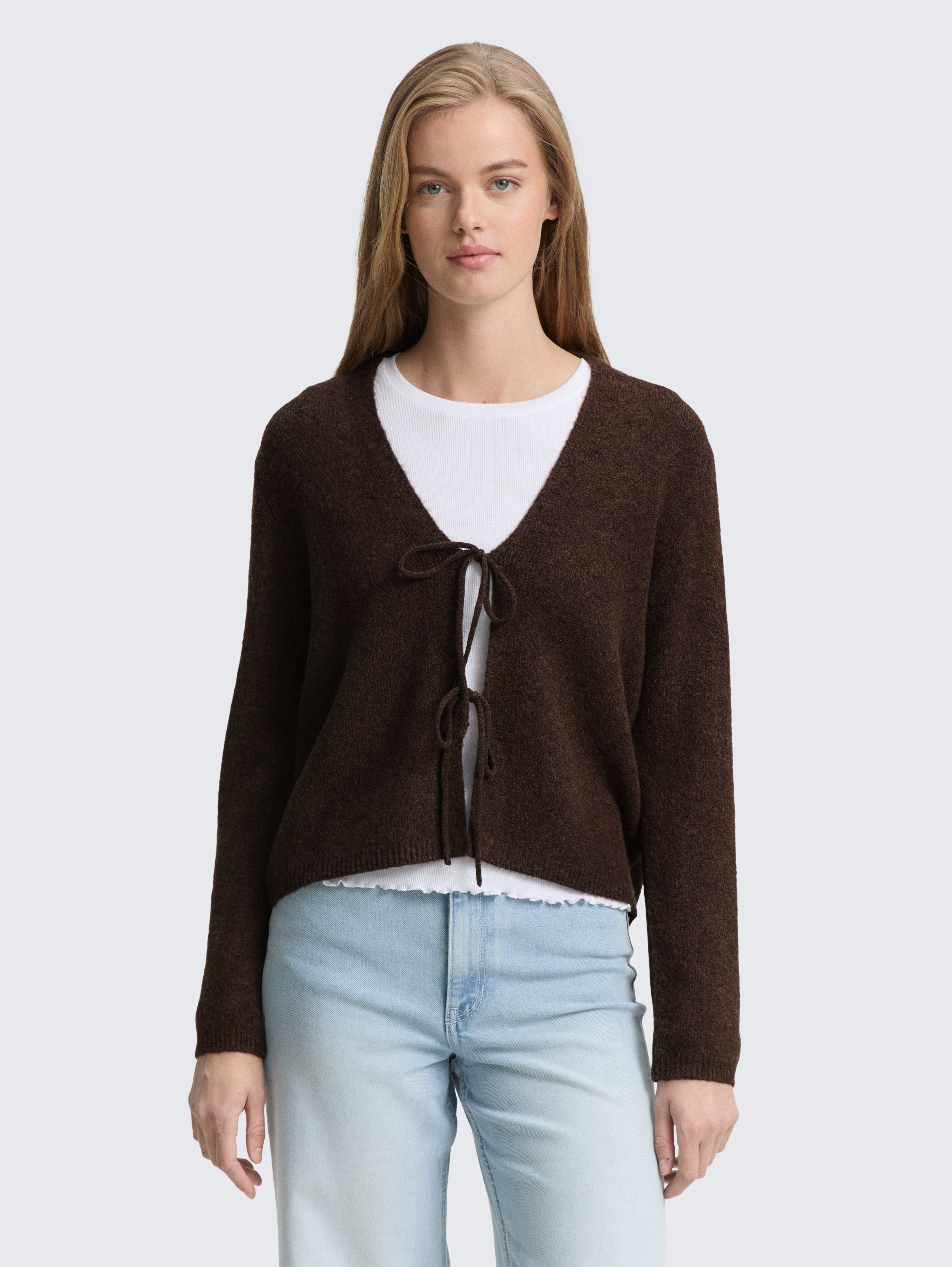 Cardigan mit Schleifen-Details von Denim Female, chocolate brown melange