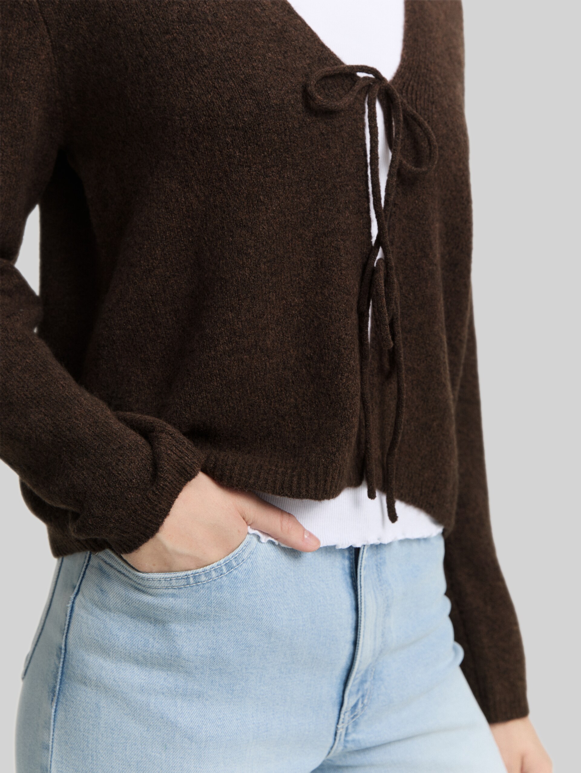 Cardigan with bow details - chocolate brown melange - Detail model view
