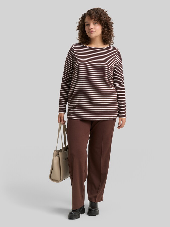 Plus Size - T-shirt met lange mouwen en streepmotief door Women Plus Size, brown offwhite tee stripe