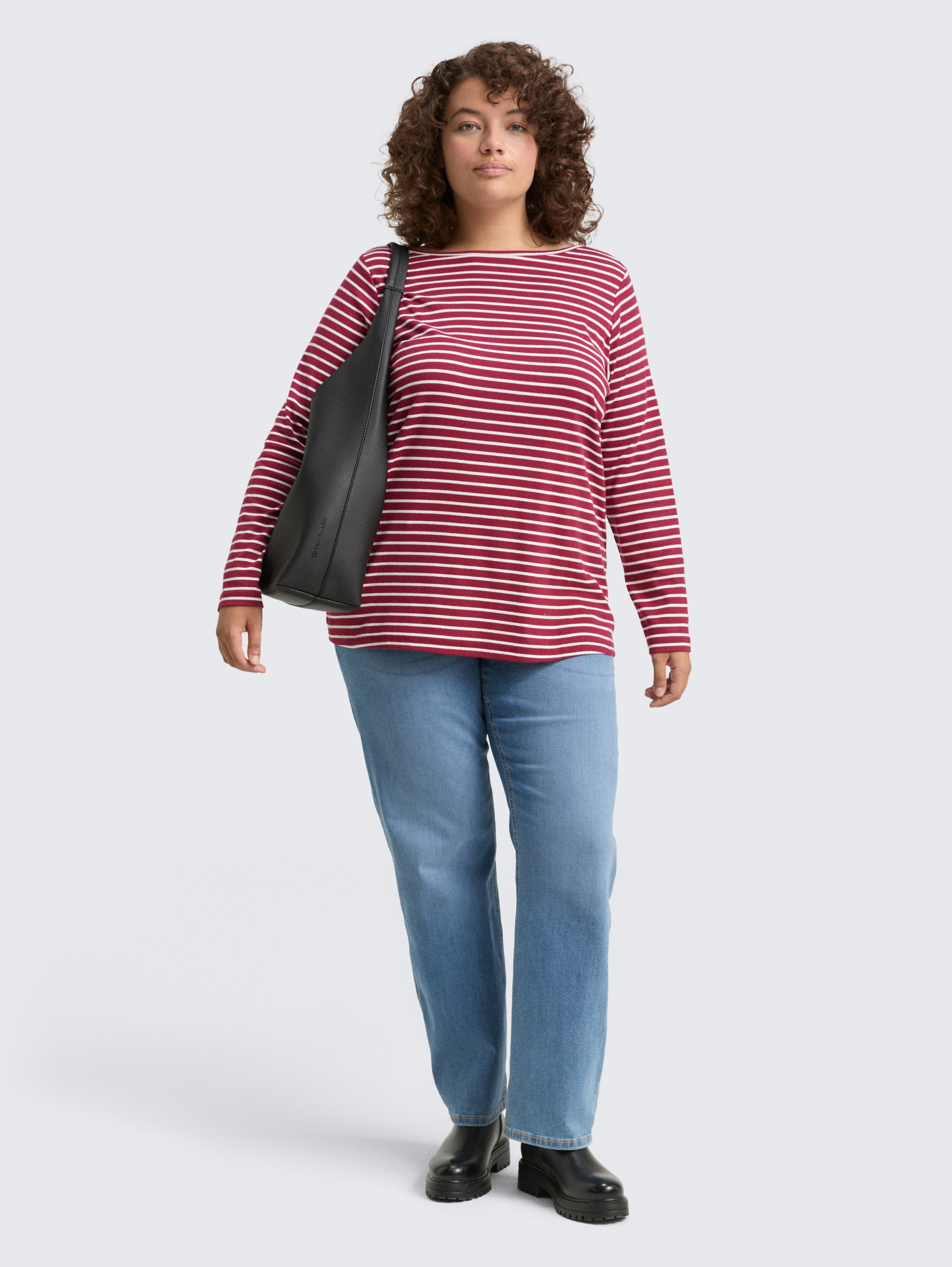 Plus size long-sleeved shirt with striped pattern - red_offwhite_stripe - 