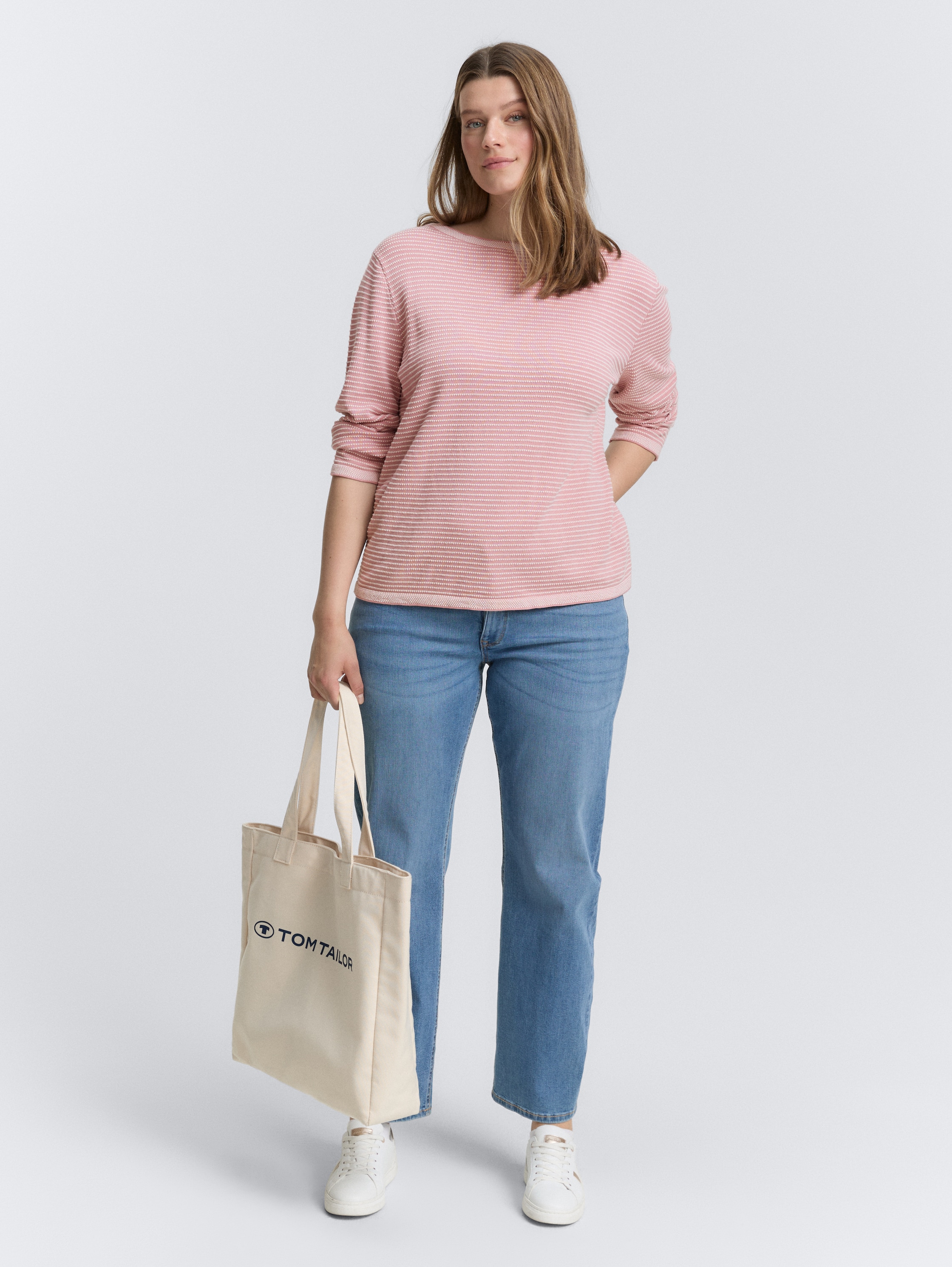 Plus Size - Strickpullover mit U-Boot-Ausschnitt - rose bubble knit stripe - Model-Vorderansicht