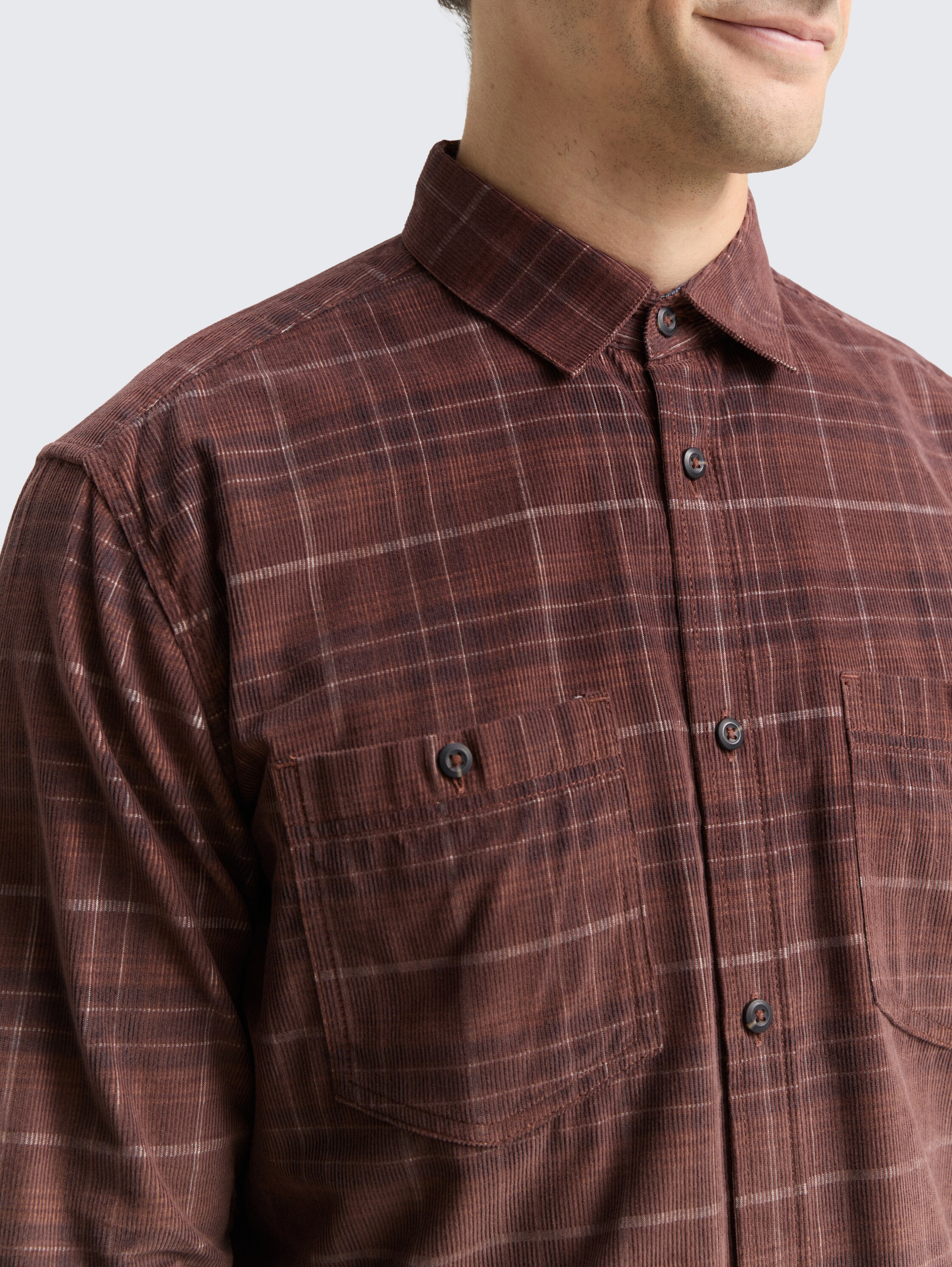 Regular Fit Cordhemd mit Karomuster - brown_white_cord_check - 