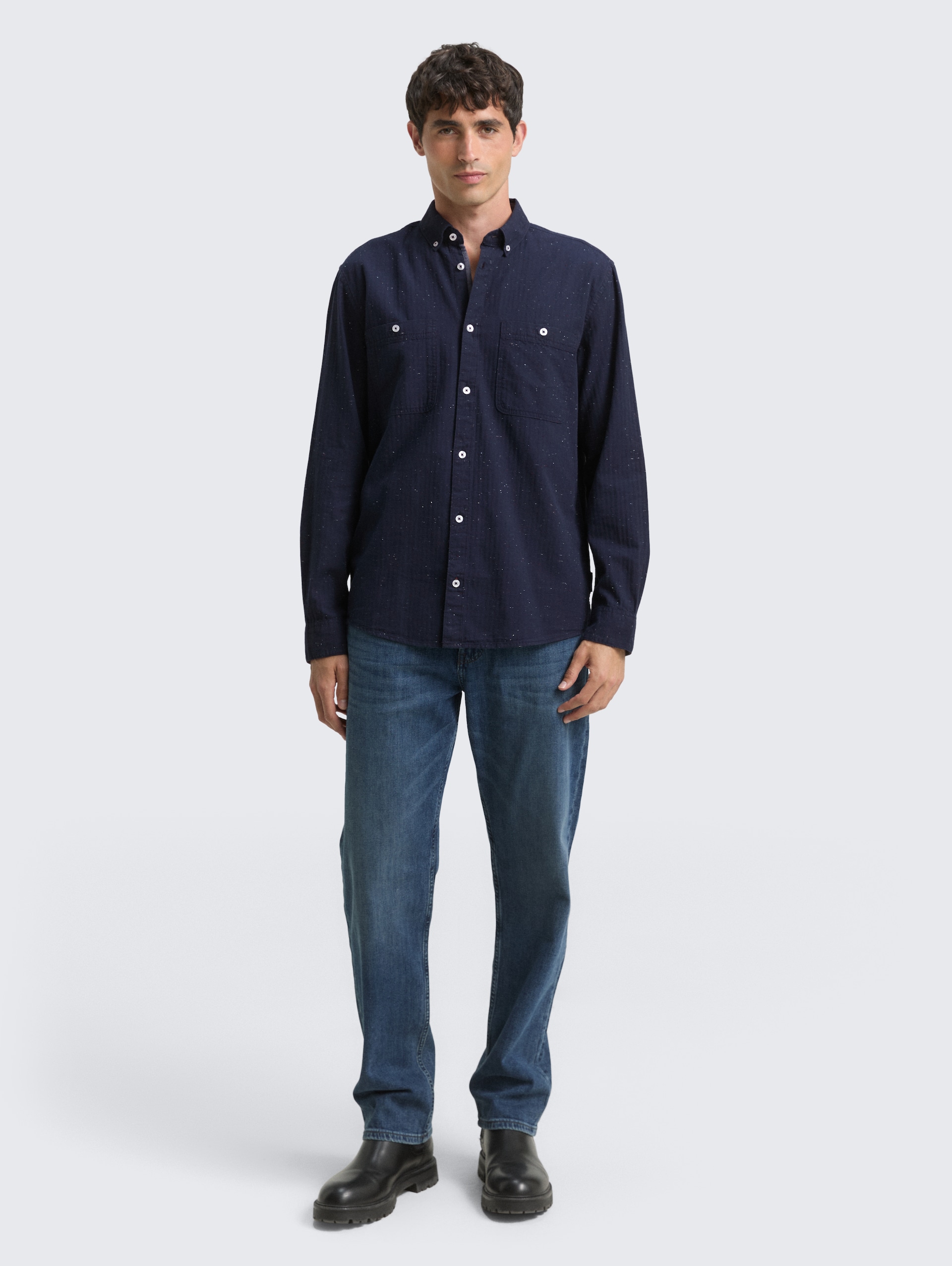 Regular Fit Hemd in Melange-Optik - navy nep structure - Model-Vorderansicht