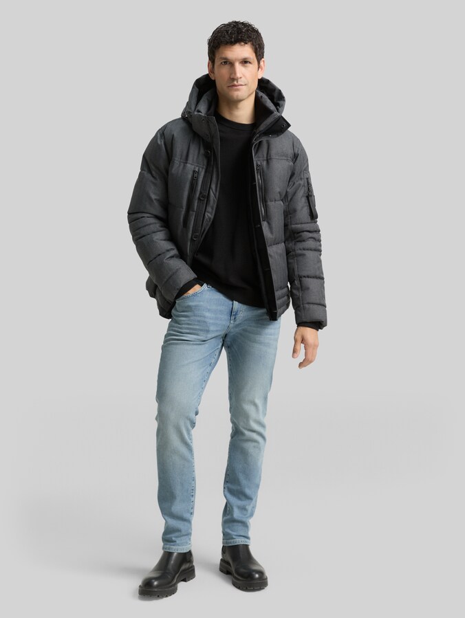 Puffer-Jacke mit abnehmbarer Kapuze von Men, anthracite melange herringbone