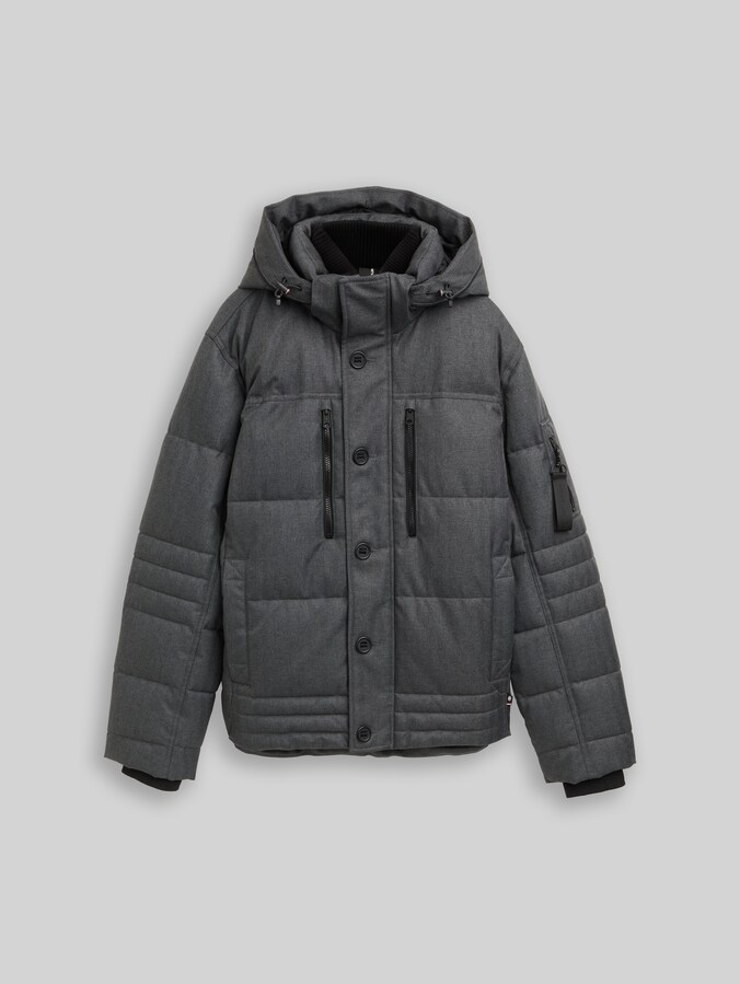 Puffer jacket with detachable hood by Men, anthracite melange herringbone