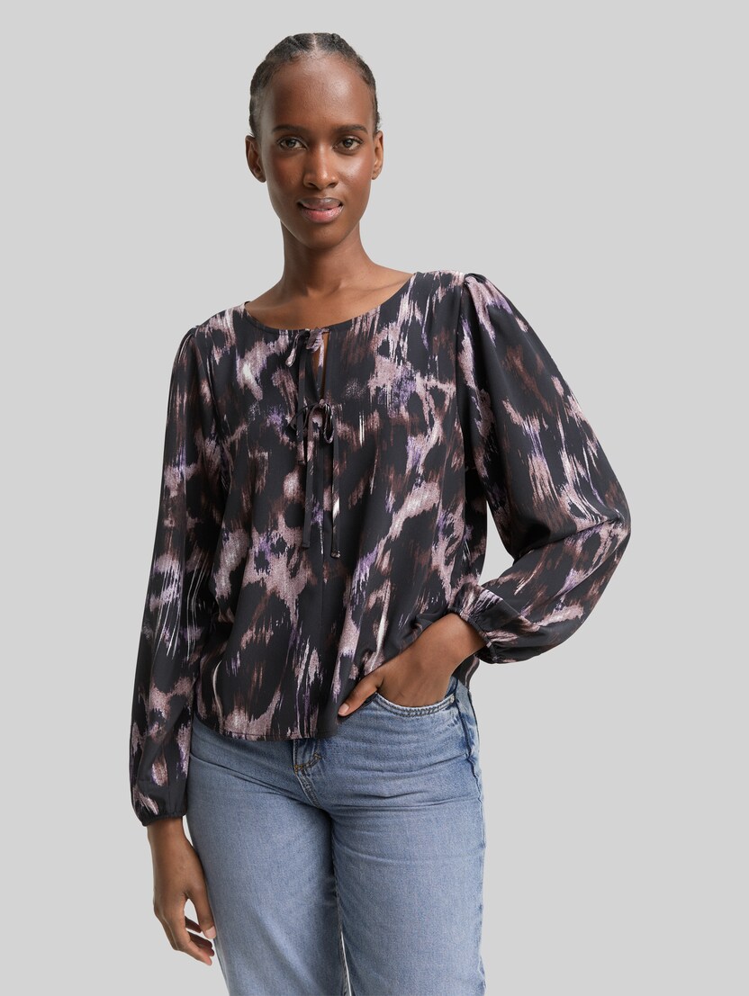 Loose fit blouse with bow details by Denim Female, black brown abstract print