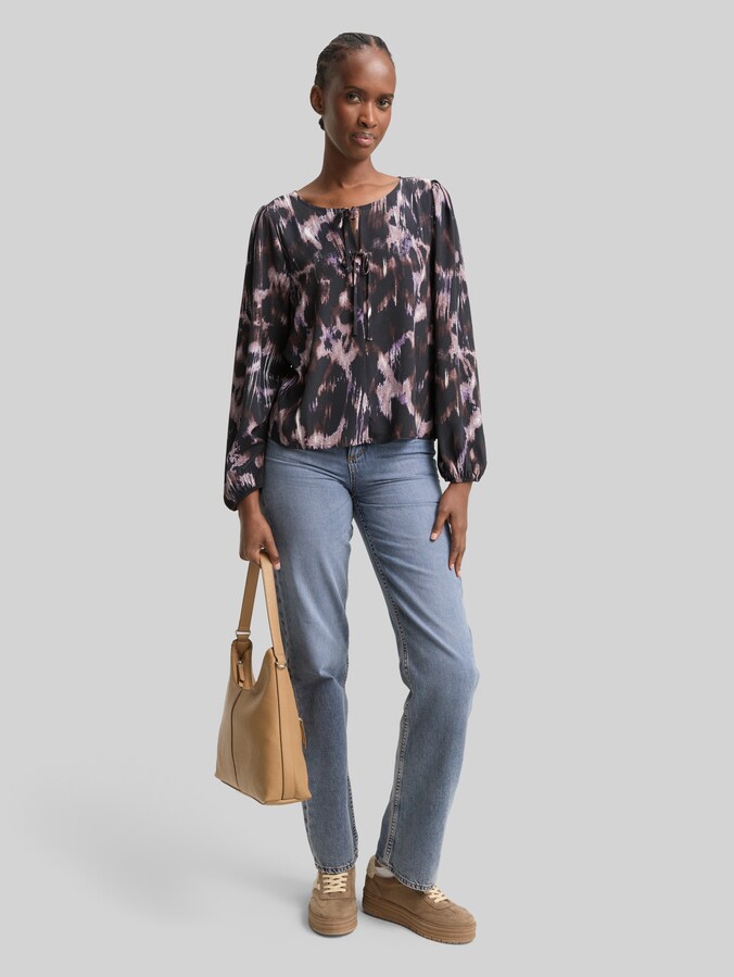 Loose Fit Bluse mit Schleifen-Details von Denim Female, black brown abstract print