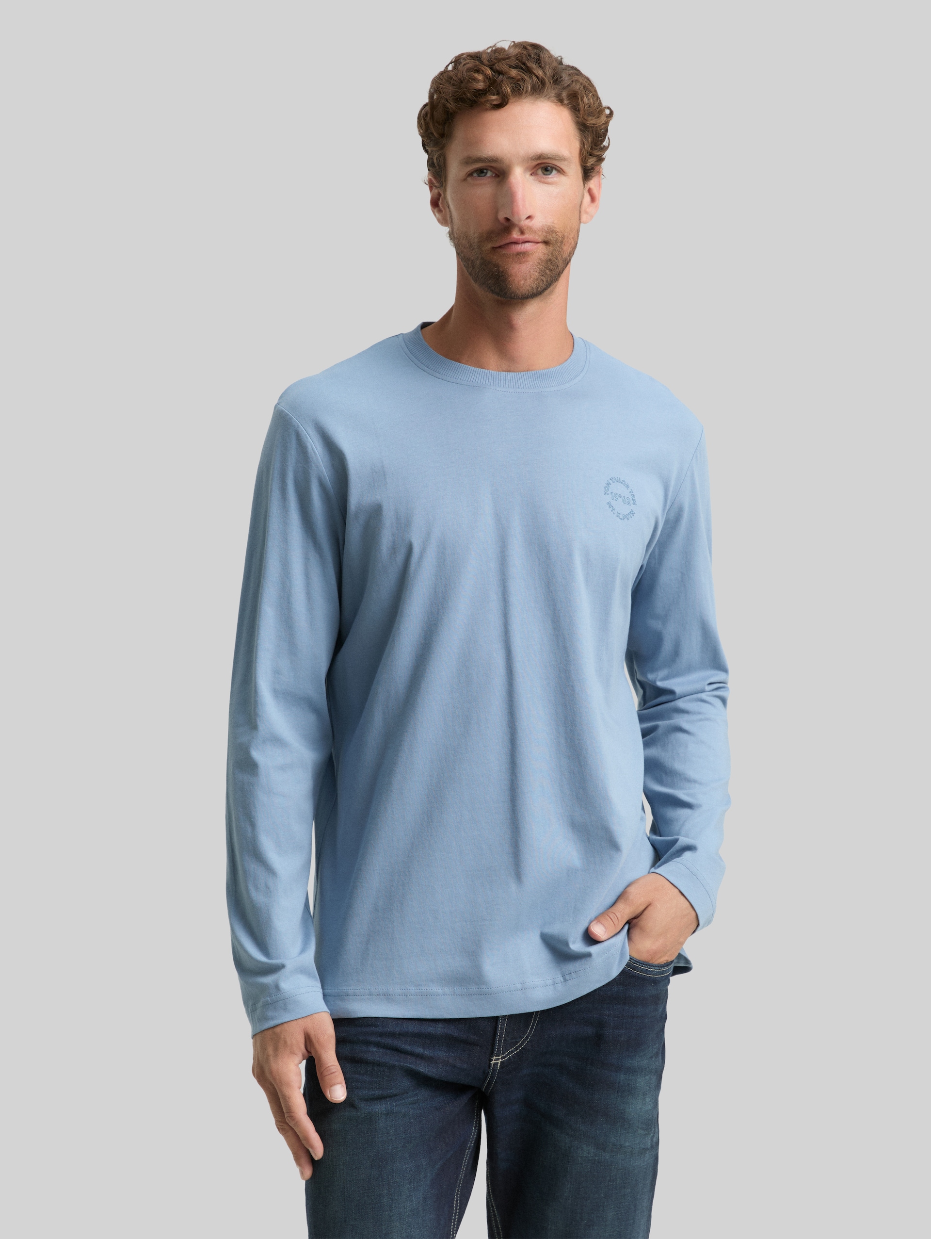 T-shirt met lange mouwen en print - faded denim blue - Nek model vooraanzicht