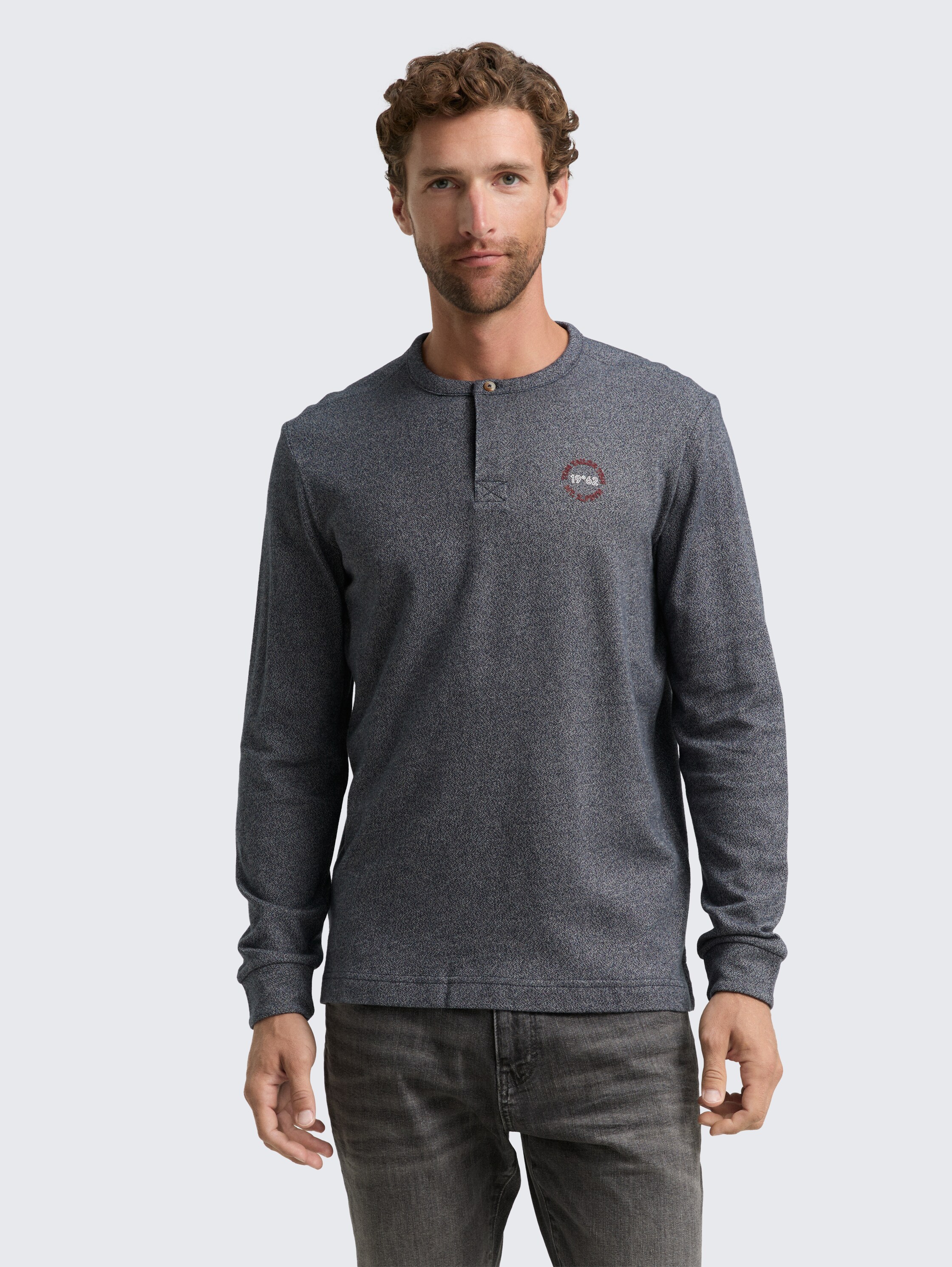 Henley cotton long-sleeved shirt - navy_grindle_structure - 