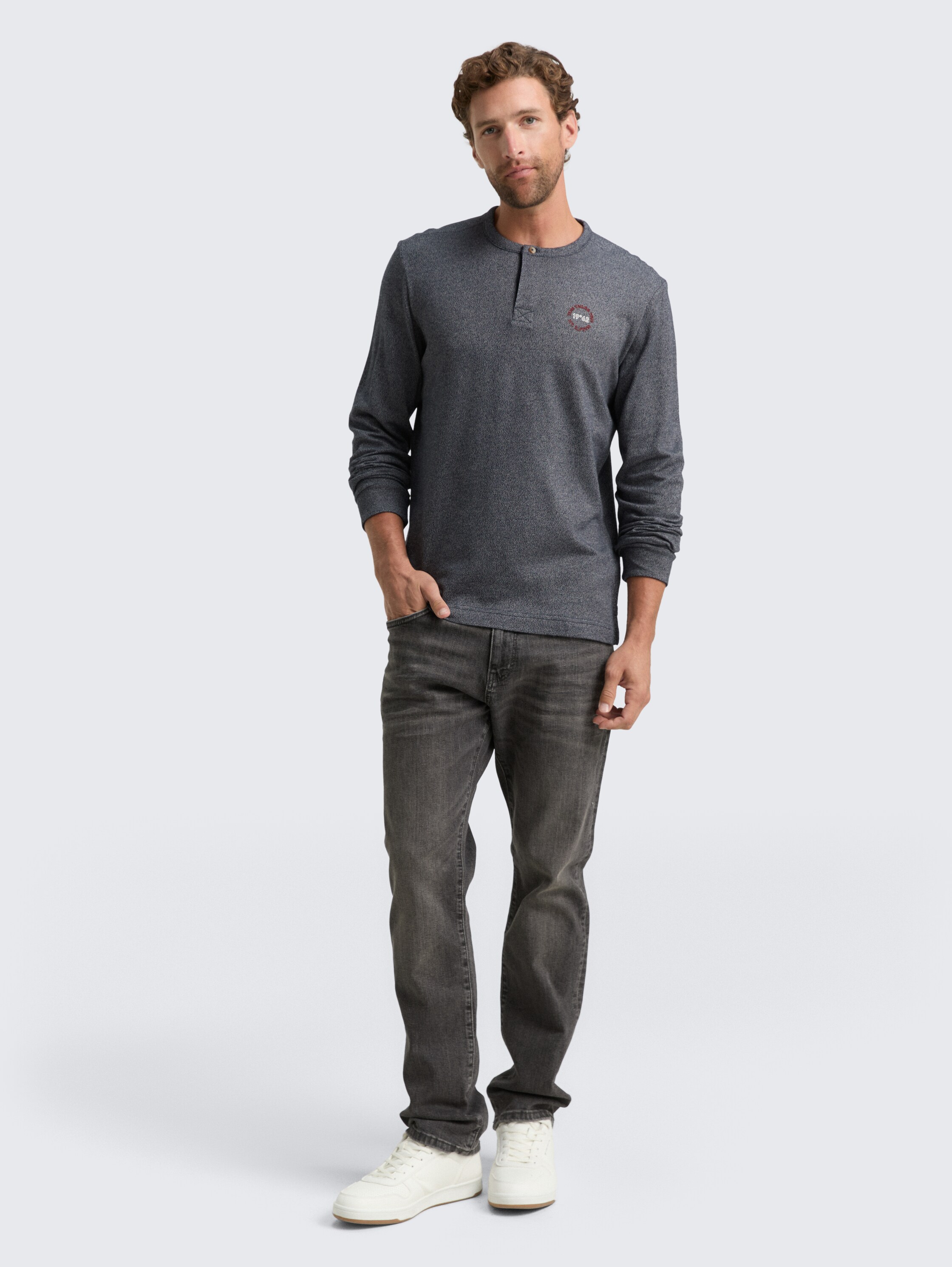Henley cotton long-sleeved shirt - navy_grindle_structure - 
