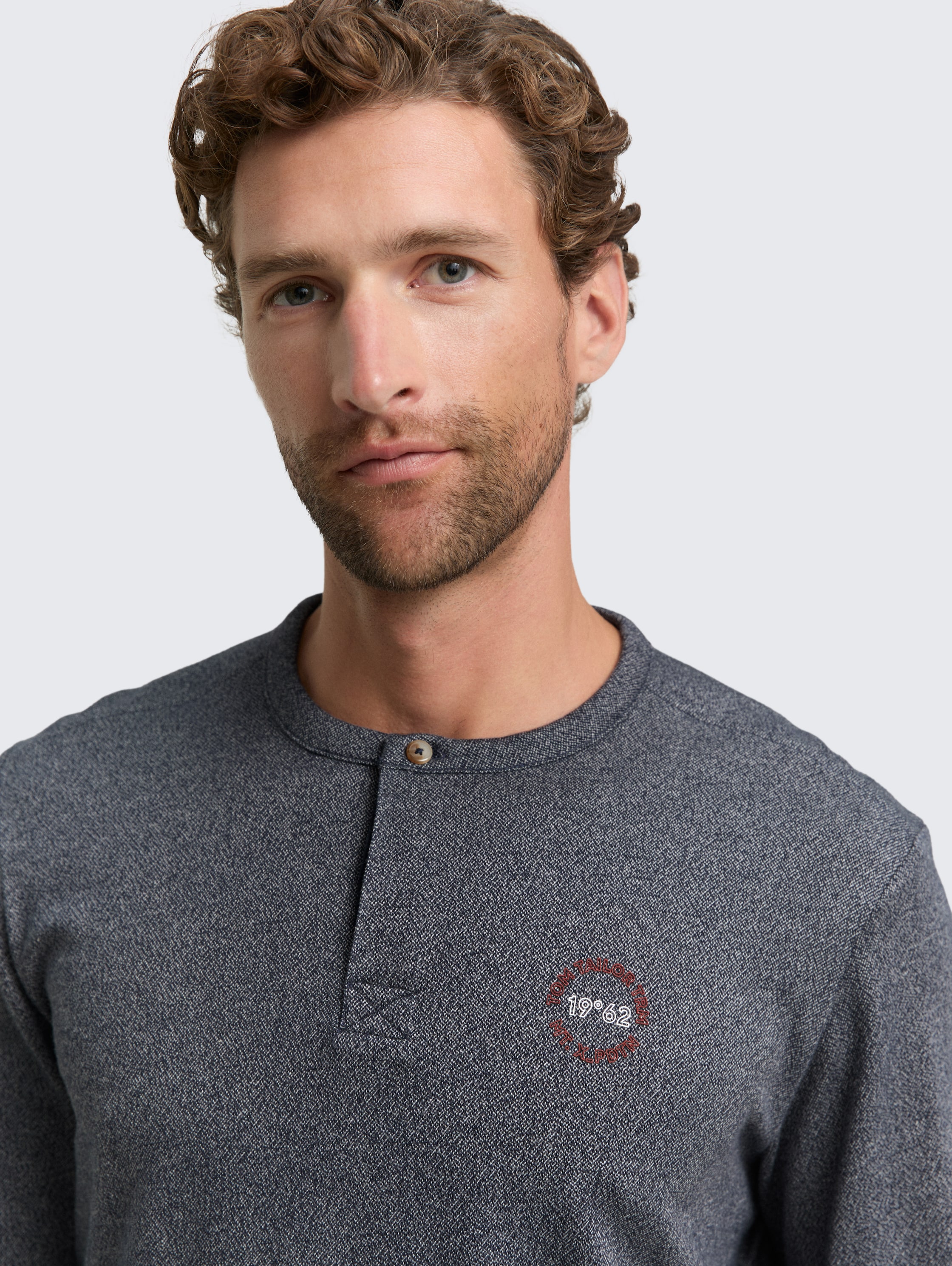 Henley cotton long-sleeved shirt - navy_grindle_structure - 