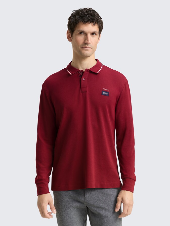 Piqué poloshirt met lange mouwen en logoprint door Men, Cabarnet Bordeaux Red