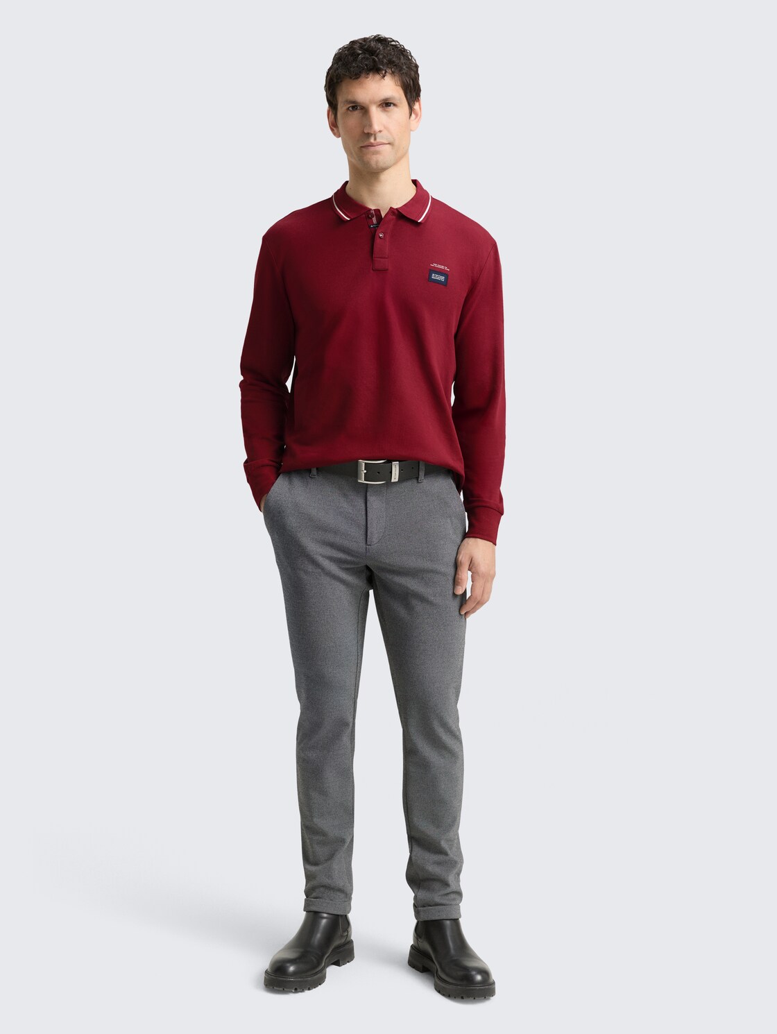 Langarm Piqué Poloshirt mit Logo-Print - Cabarnet Bordeaux Red