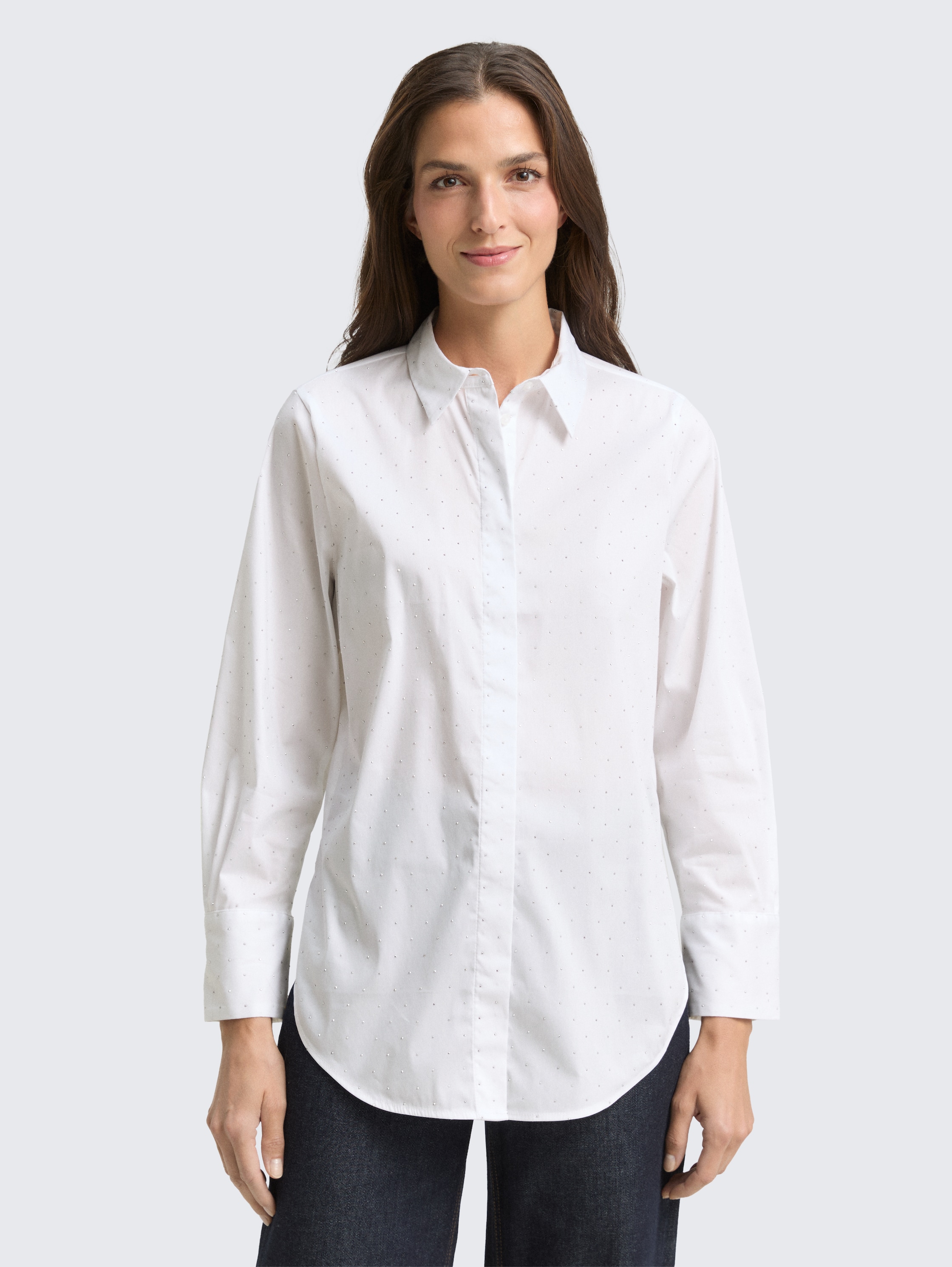 Loose fit blouse with rhinestones - stones on solid - Neckline model front view