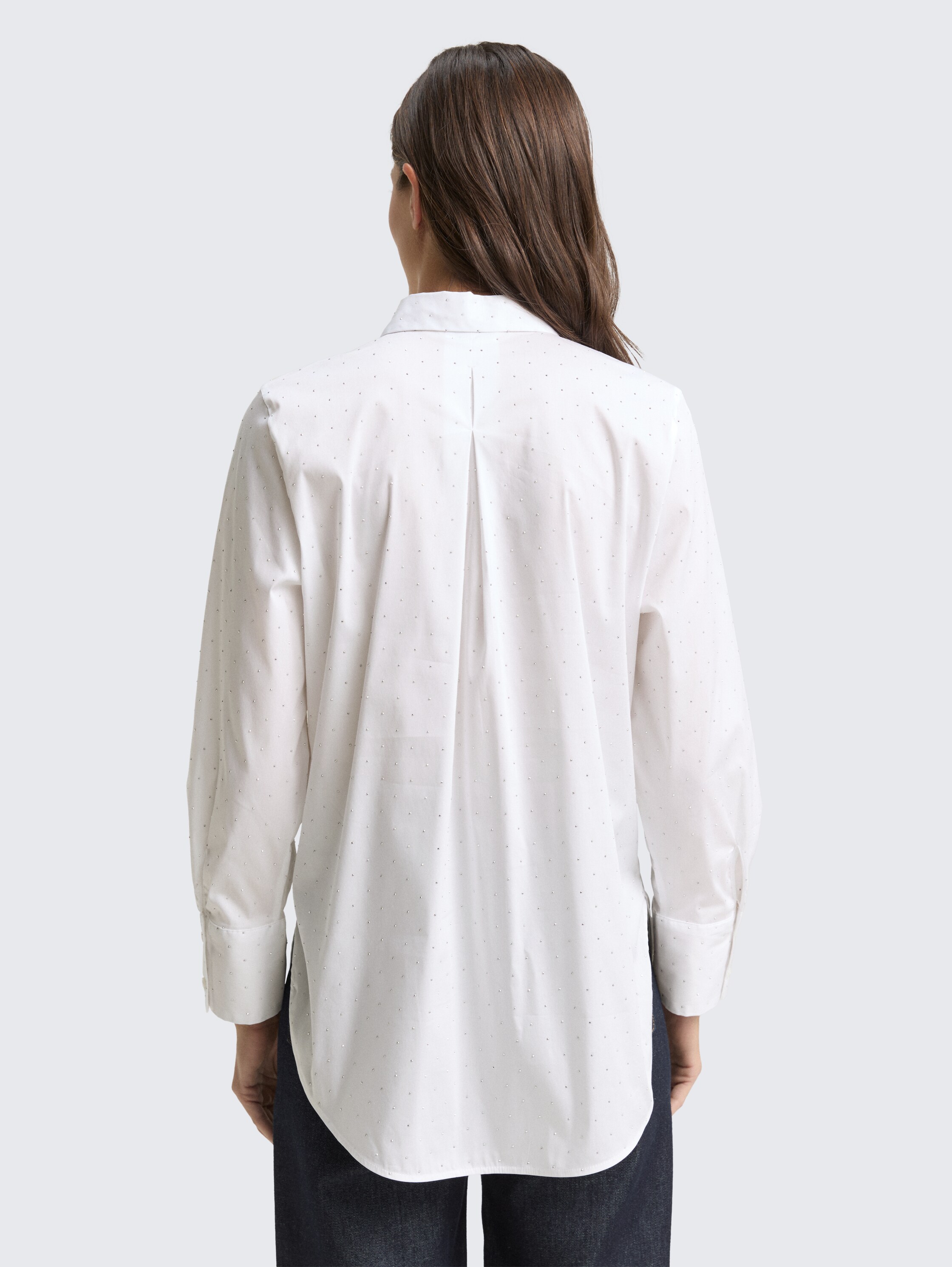 Loose fit blouse with rhinestones - stones on solid - Neckline model-back view