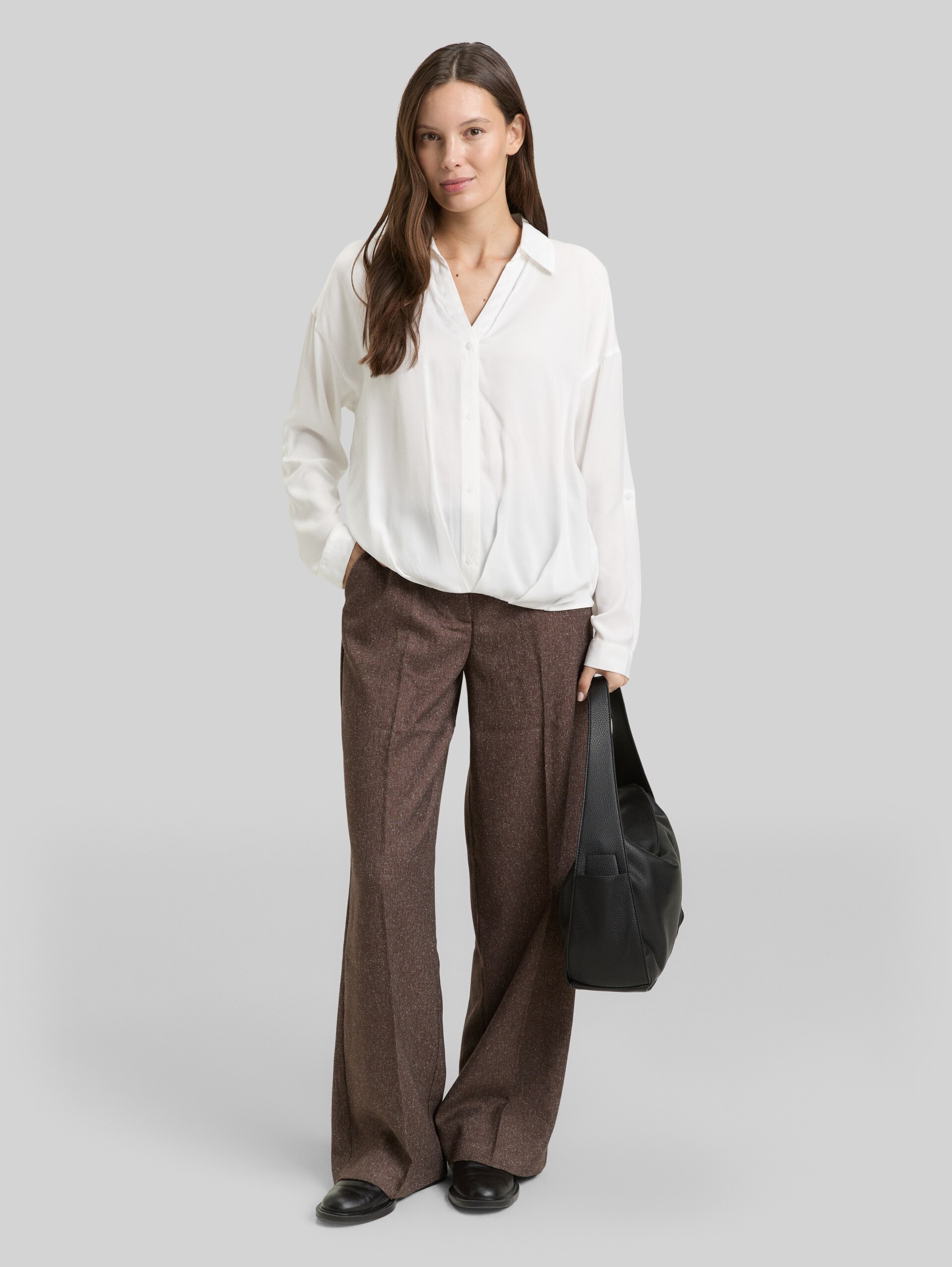 Oversized satin blouse with turn-up function - Whisper White - Model front view