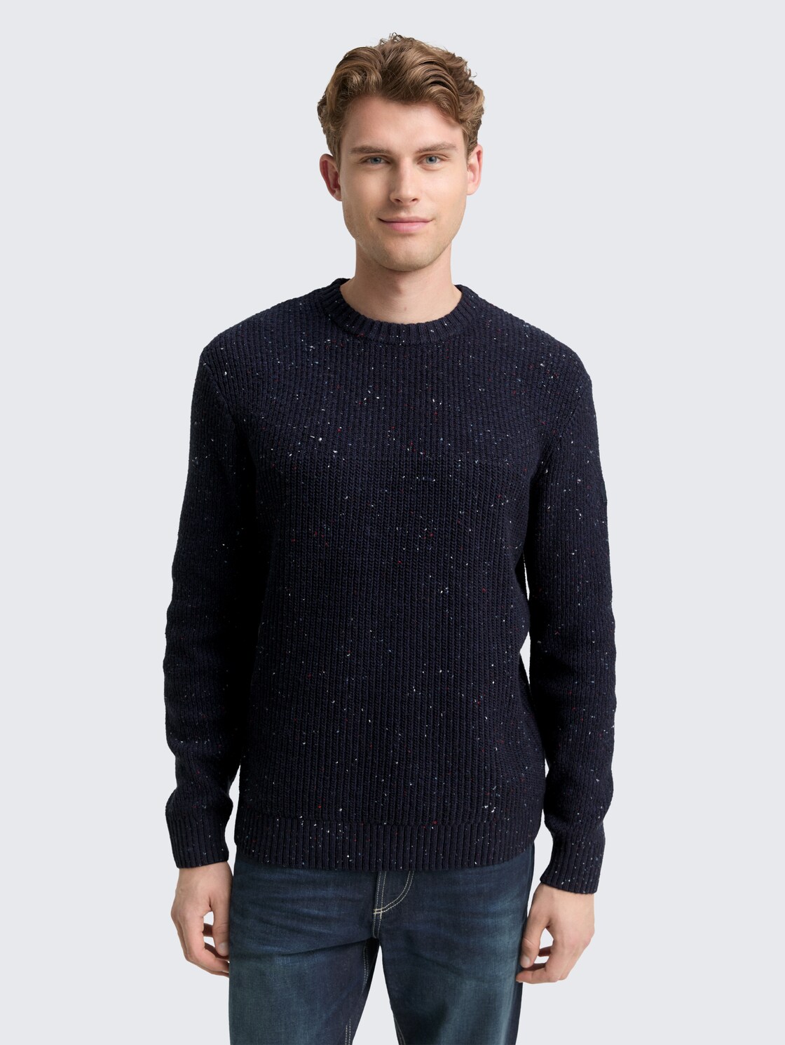 Strickpullover mit Strukturmix - navy melange multi neps - Ausschnitt Model-Vorderansicht