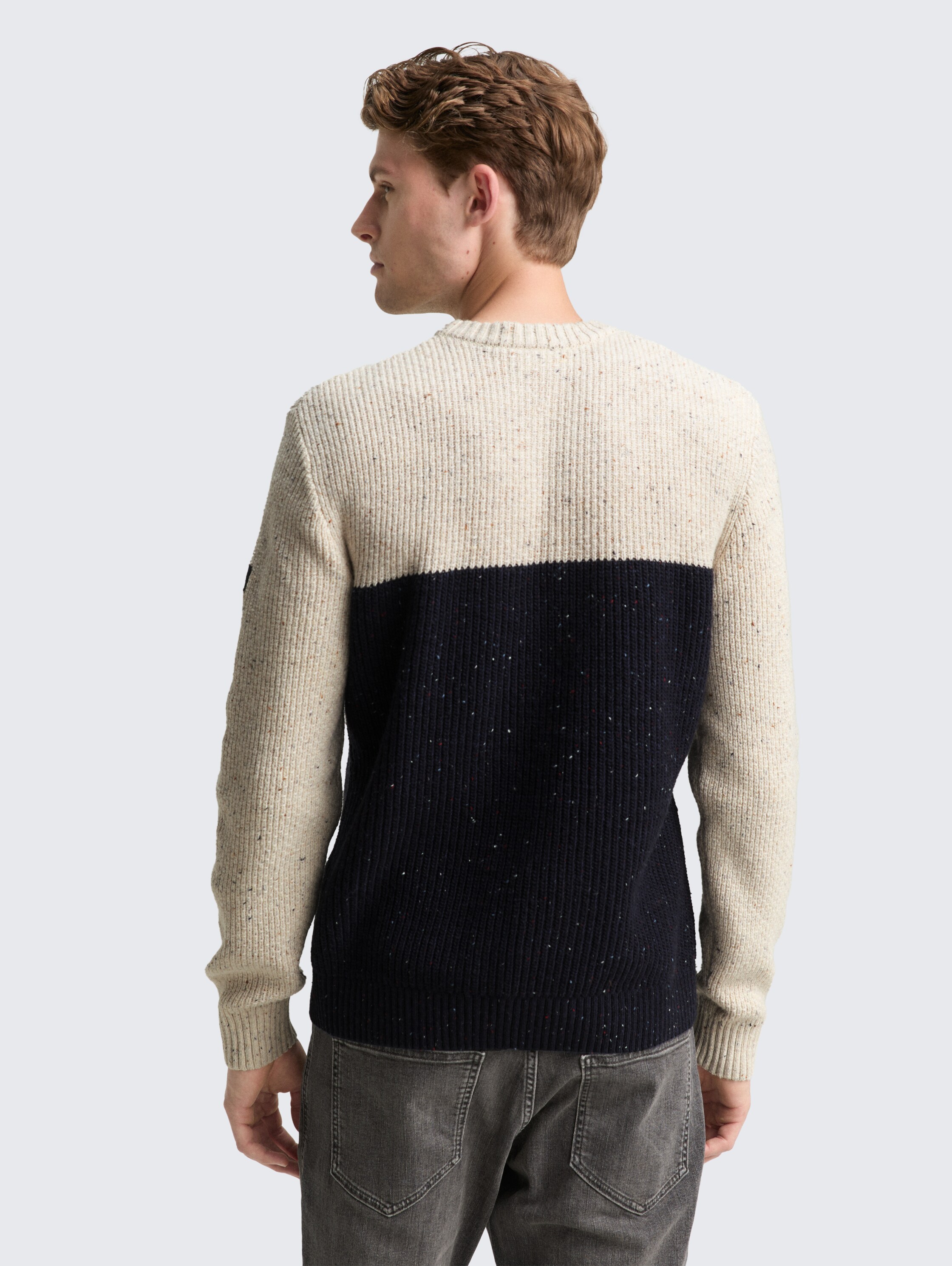 Strickpullover mit Strukturmix - offwhite navy color block