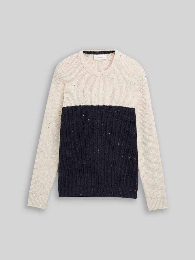 Strickpullover mit Strukturmix von Men, offwhite navy color block