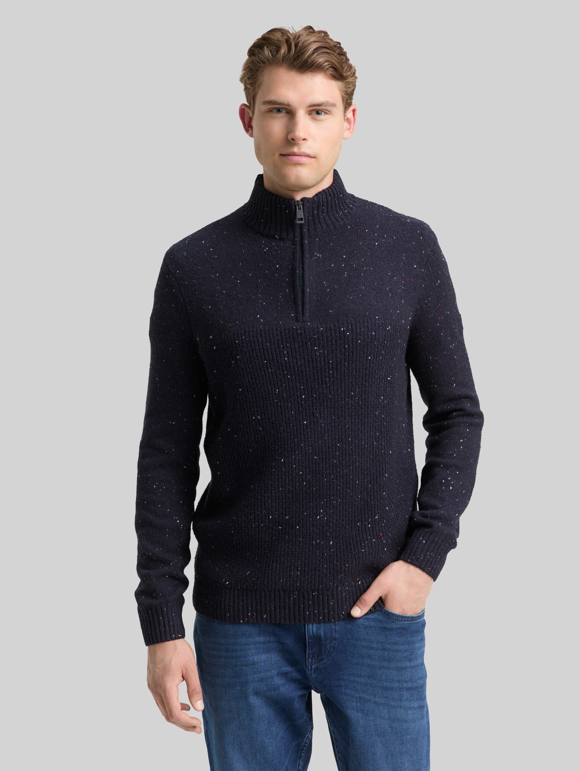 Troyer knitted jumper with mixed textures - navy melange multi neps - Neckline model front view